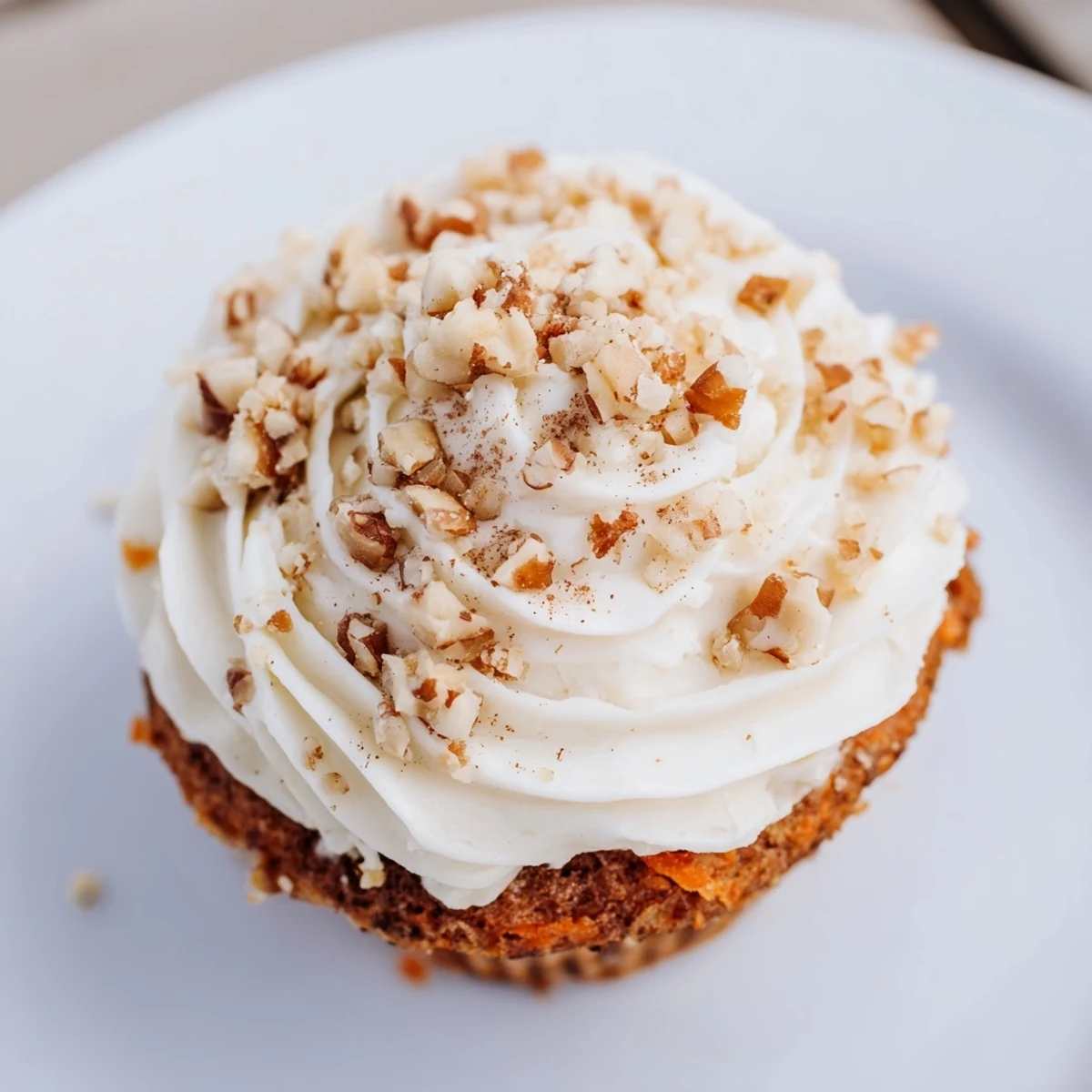 Moist, spiced carrot cake cupcakes with creamy frosting, ready to serve on a decorative plate.