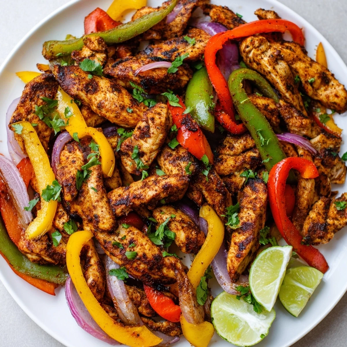 Golden-brown, seasoned chicken strips and vibrant roasted bell peppers for Sheet Pan Chicken Fajitas with Onions, ready to serve.