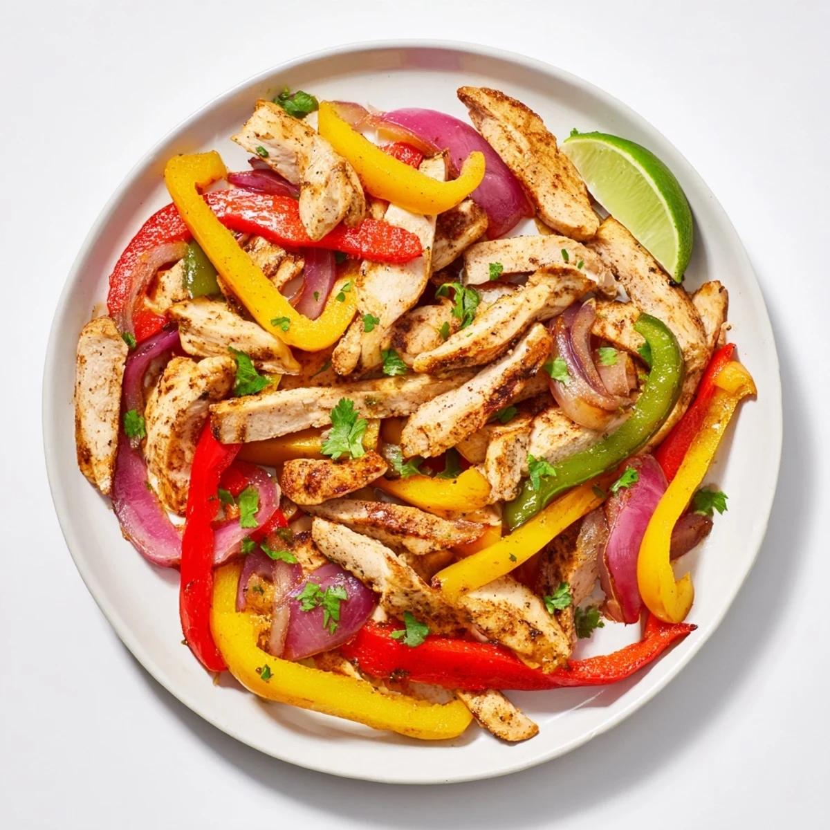Sheet Pan Chicken Fajitas with Onions features juicy sizzling chicken and caramelized onions roasted alongside colorful peppers on a pan.
