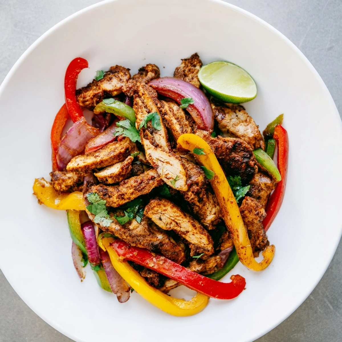 A close-up of Sheet Pan Chicken Fajitas with Onions shows tender chicken, charred veggies, and fresh lime wedges for serving.