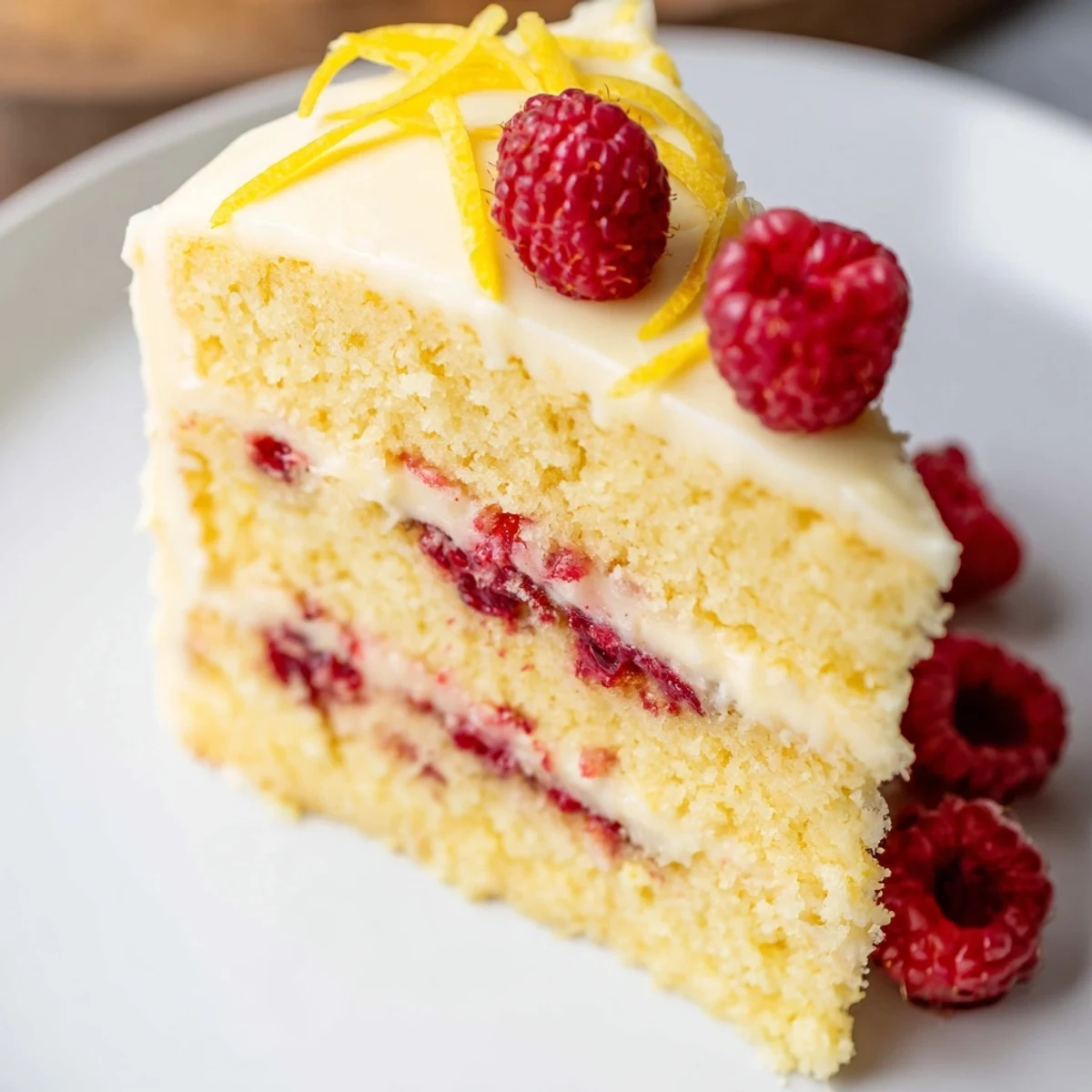 A slice of Lemon Raspberry Layer Cake with Frosting reveals fluffy cake, ruby jam, and creamy frosting on a dessert plate.