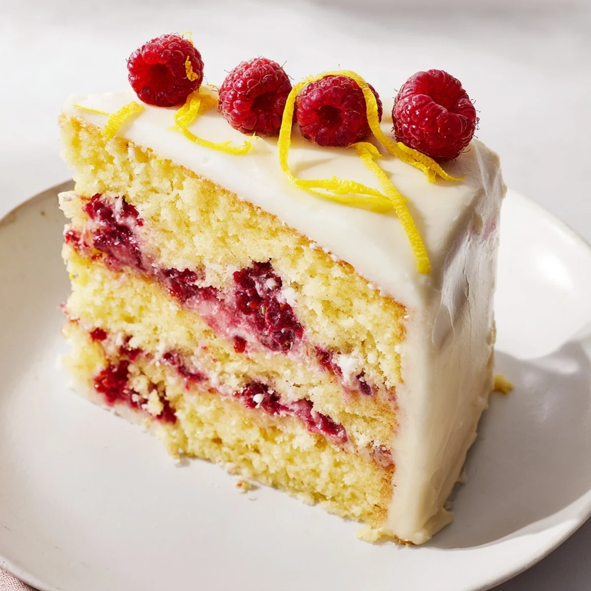 Perfect for spring gatherings, this Lemon Raspberry Layer Cake with Frosting is decorated with fresh berries and bright lemon zest.