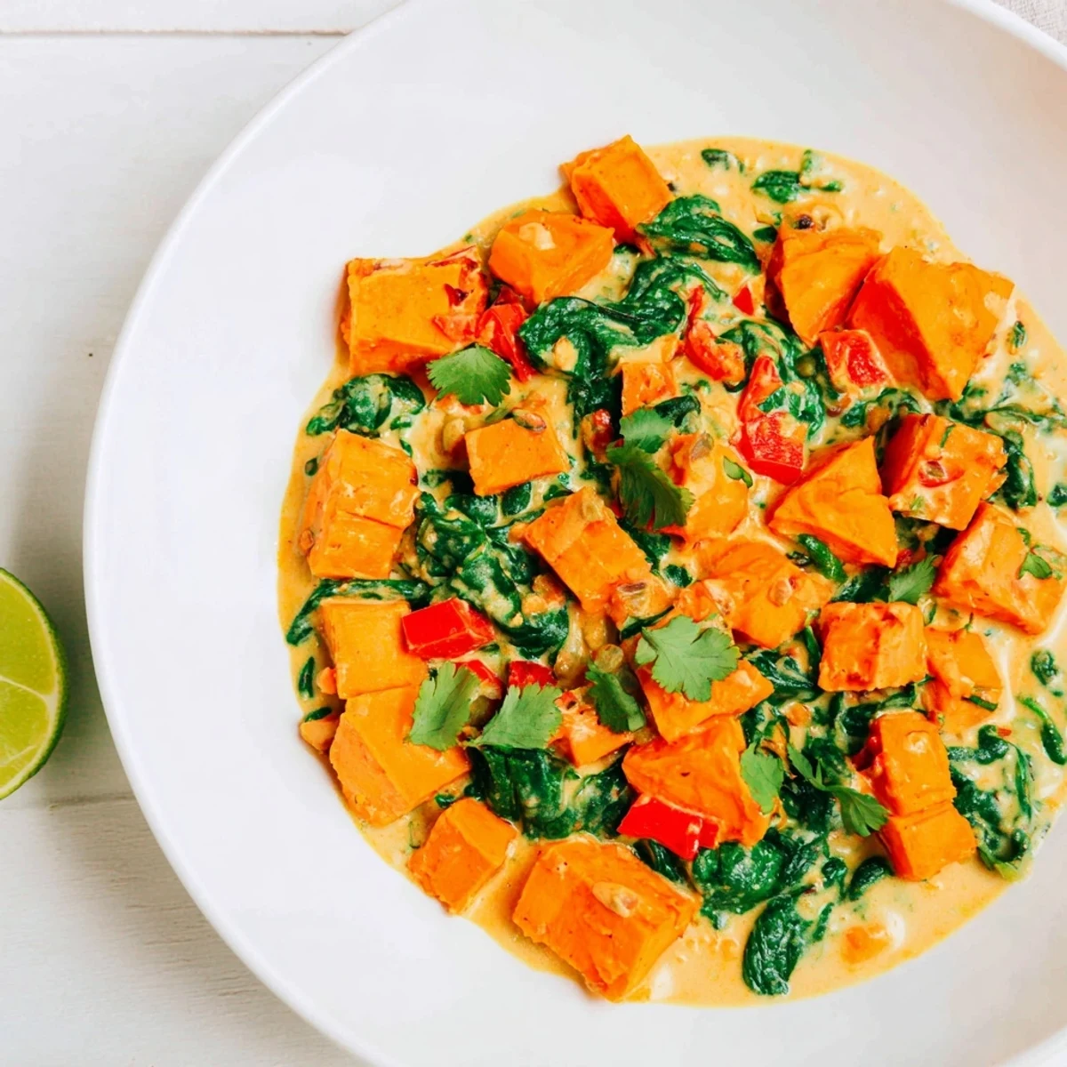 Steaming bowl of Vegan Sweet Potato Curry with Spinach, creamy coconut sauce, served over basmati rice with lime.