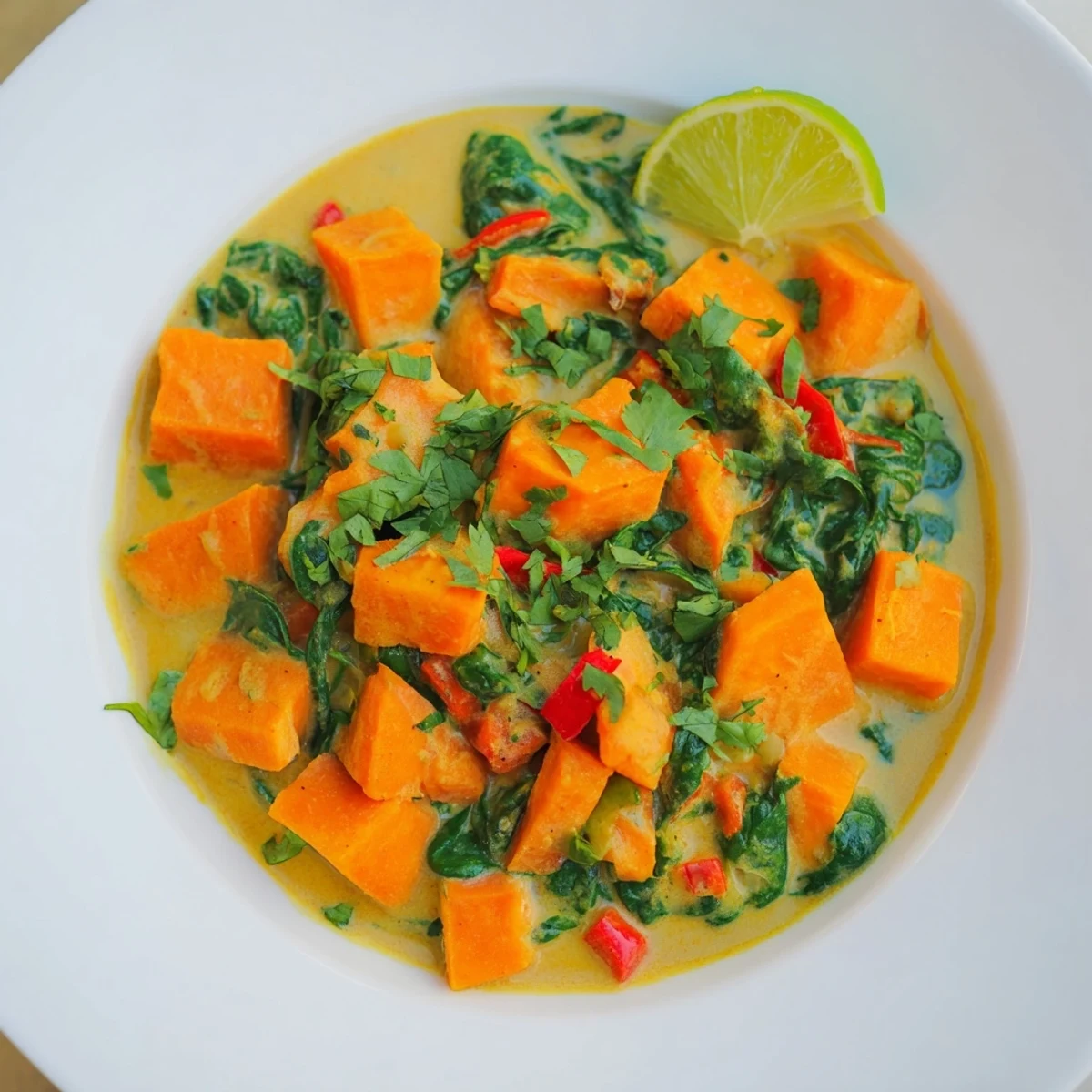 Vegan Sweet Potato Curry with Spinach simmered in an aromatic coconut sauce, featuring tender sweet potatoes and wilted greens.
