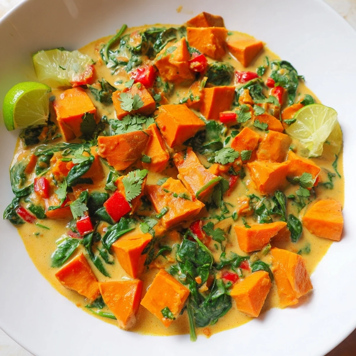 A rustic pot of Vegan Sweet Potato Curry with Spinach, garnished with cilantro, alongside naan for a hearty dinner.
