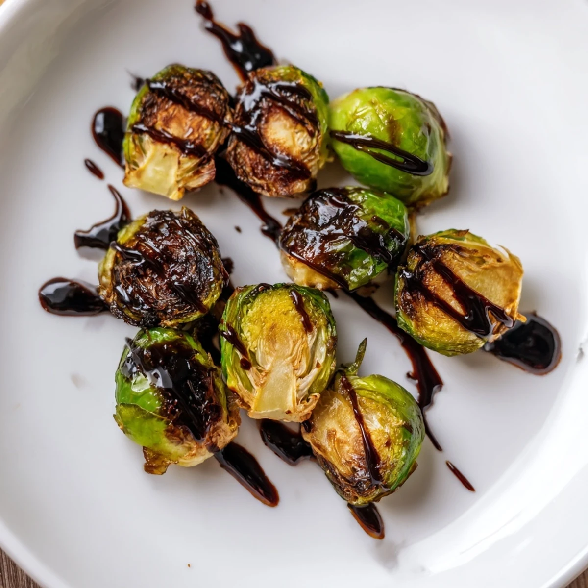 Golden roasted Brussels sprouts with balsamic glaze shine on a plate, crisp edges and a sweet-tangy drizzle perfect for a holiday meal.