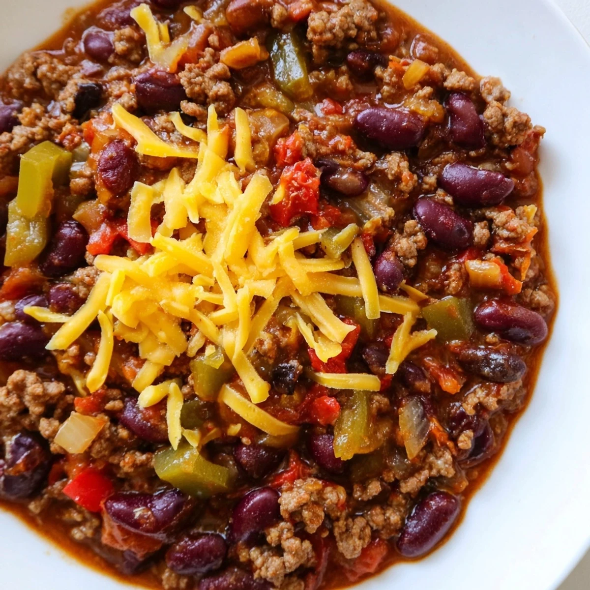 A steaming bowl of Beef and Bean Chili with Cheddar Cheese, topped with melty cheese and fresh cilantro.