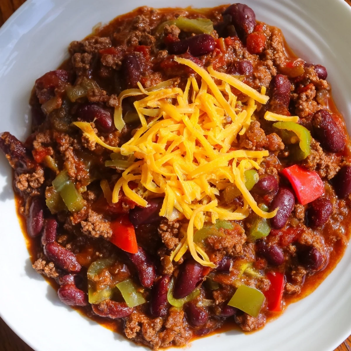 Beef and Bean Chili with Cheddar Cheese simmers in a rustic pot, rich red sauce bubbling with tender beef.