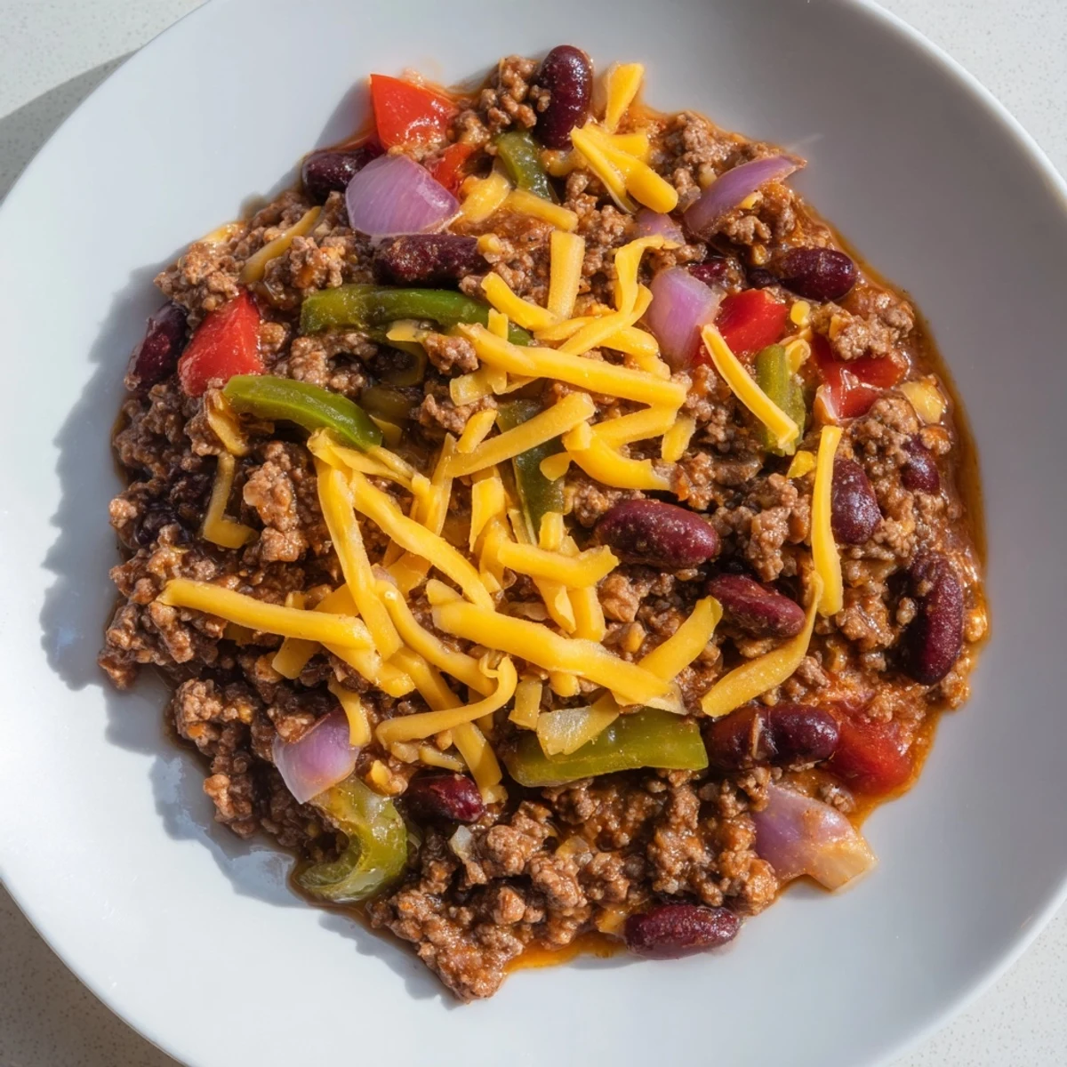 A close-up of Beef and Bean Chili with Cheddar Cheese, garnished with sour cream and green onions on a cozy table.
