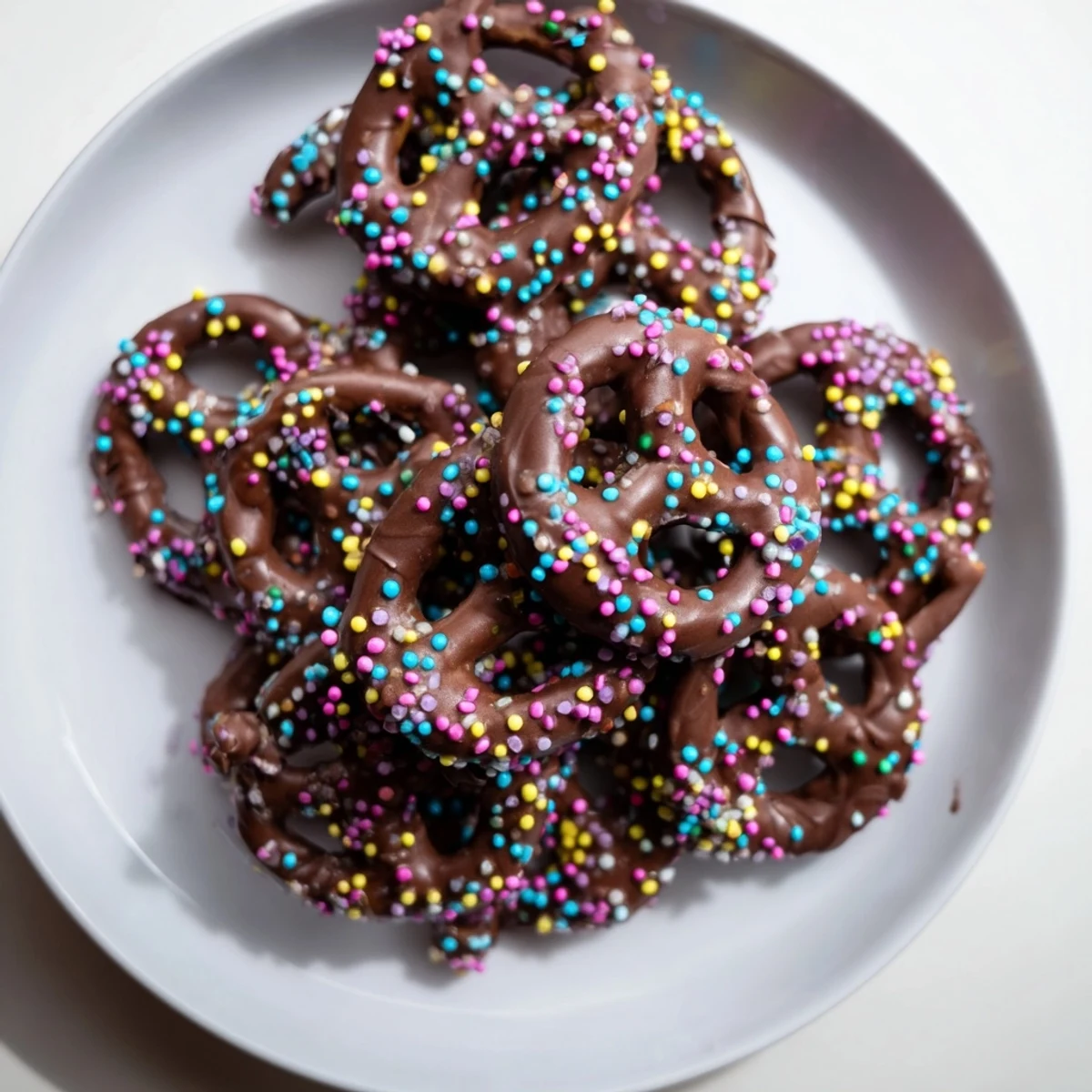 A close-up of Chocolate Covered Pretzels with Pastel Sprinkles showing glossy semi-sweet chocolate coating and crunchy salted pretzel beneath.