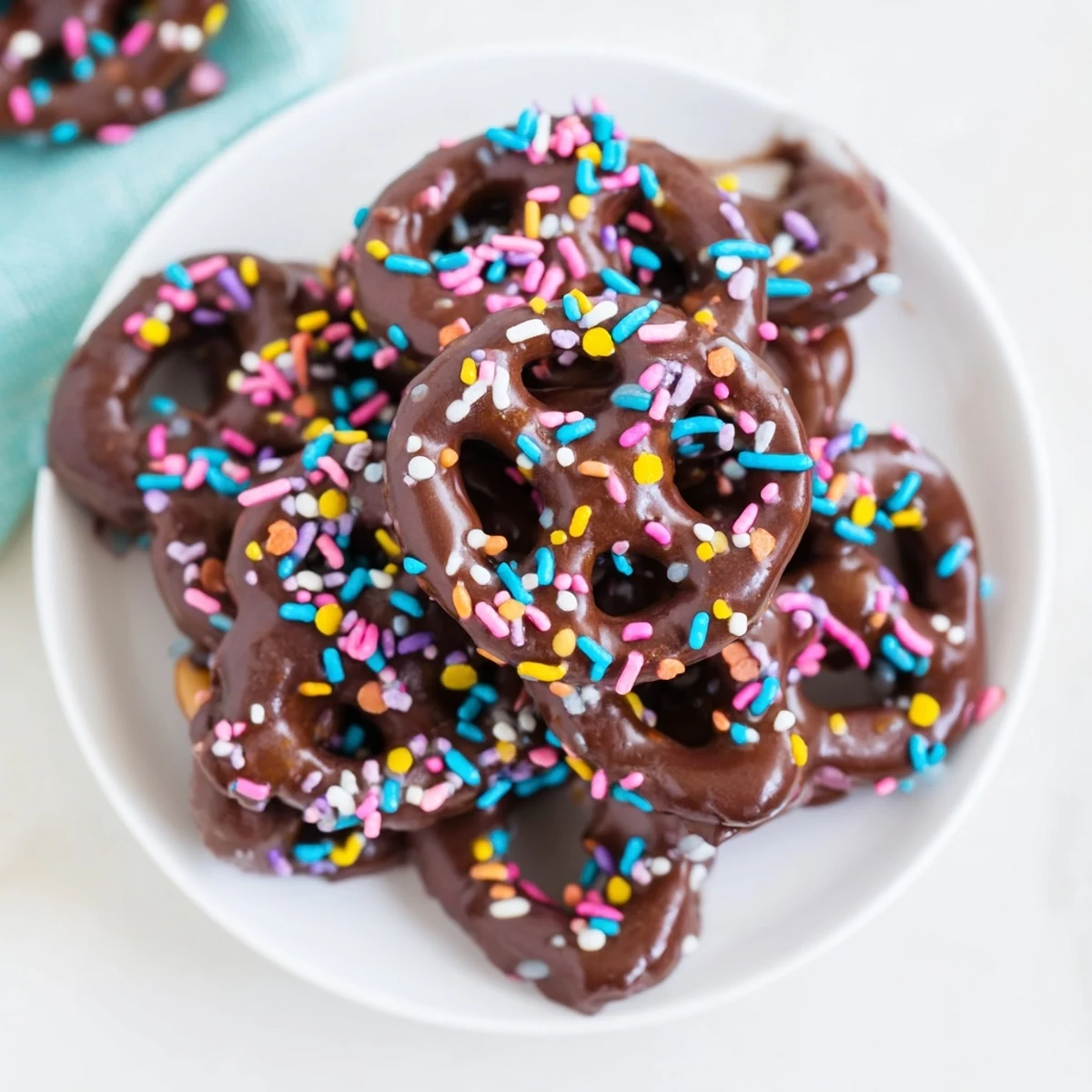 Handheld photo of Chocolate Covered Pretzels with Pastel Sprinkles arranged on a white plate, perfect for party snacking and gifting.
