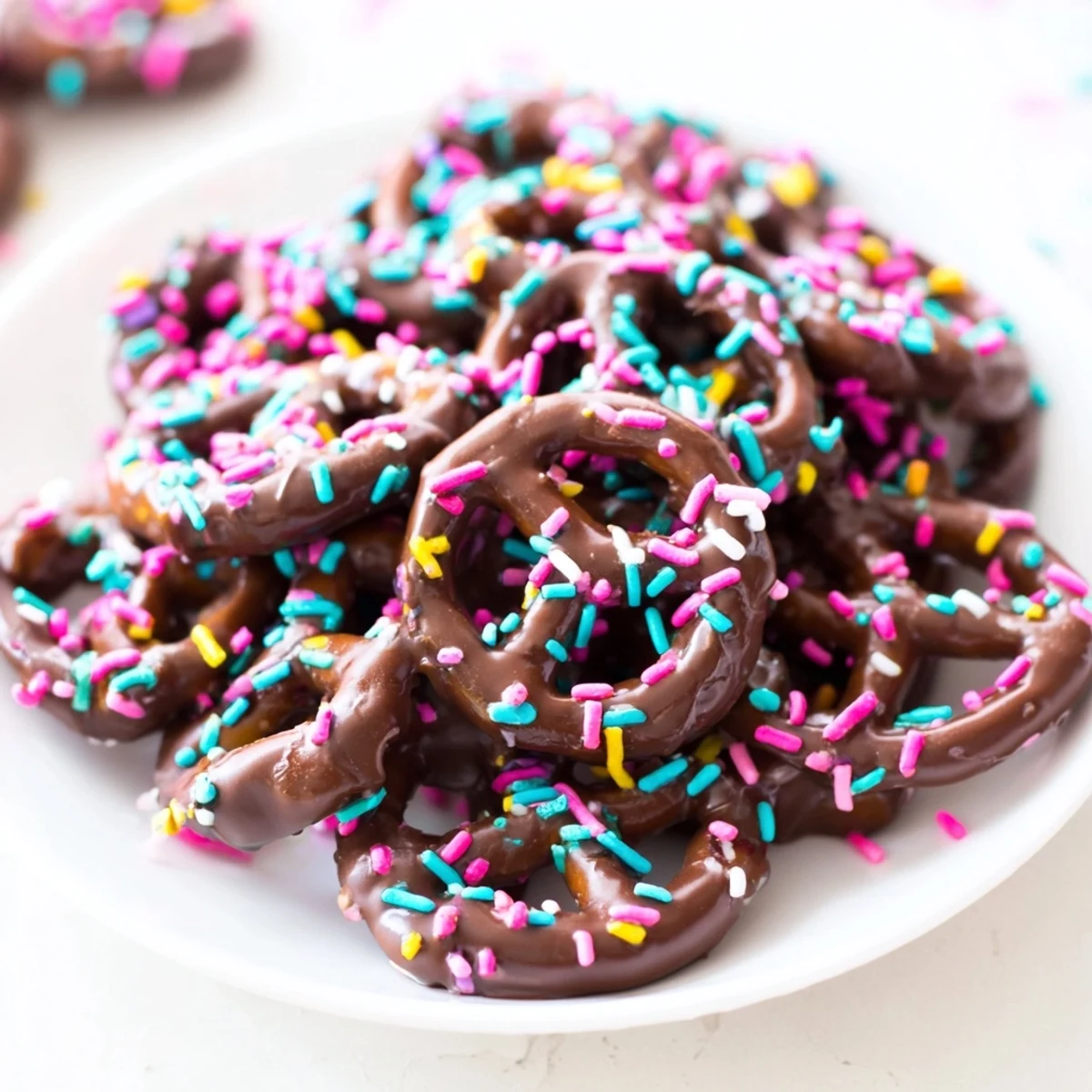 Overhead view of Chocolate Covered Pretzels with Pastel Sprinkles cooling on parchment paper, with vibrant sprinkles adding festive color.