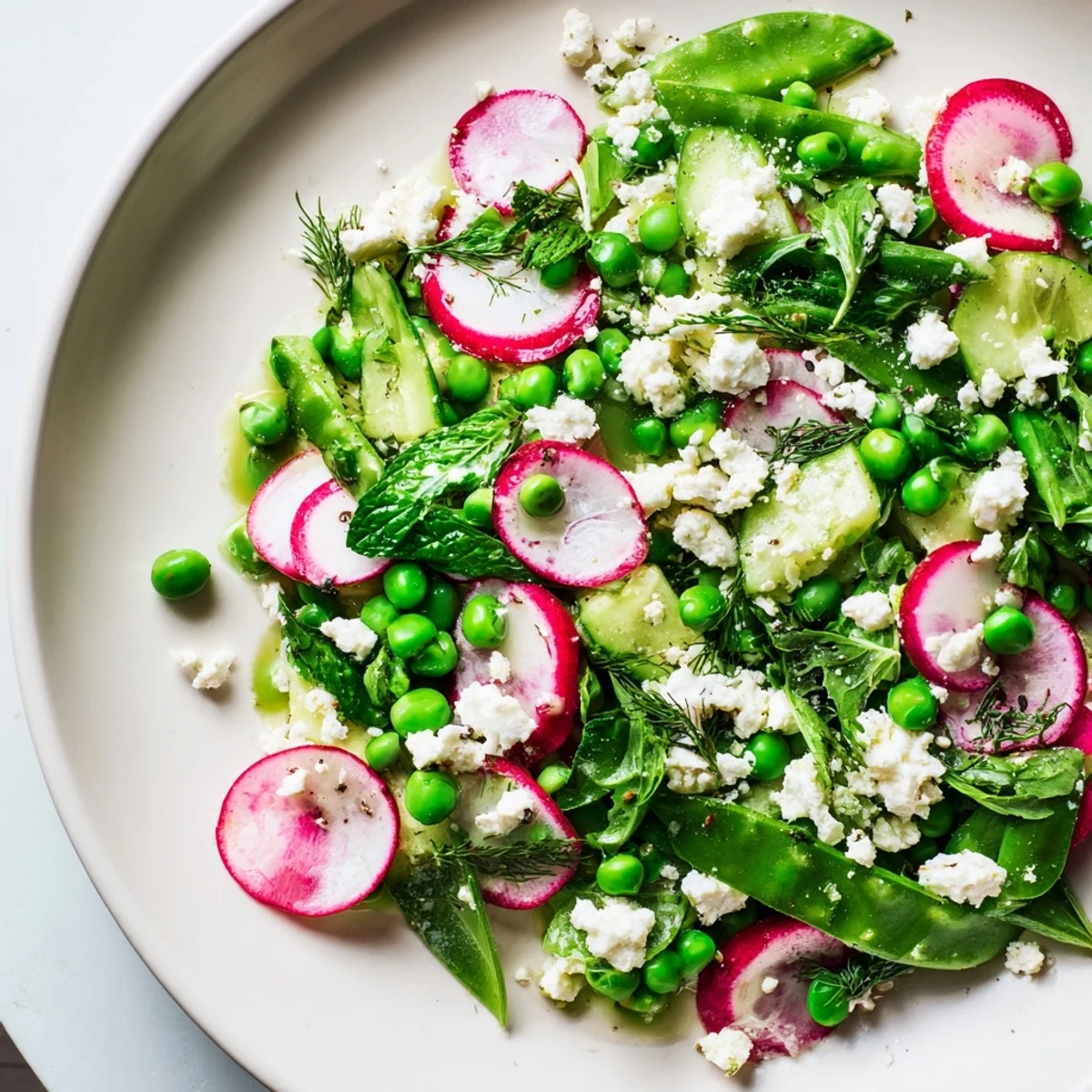Fresh Spring Pea Salad with Radishes and Feta in a white bowl, featuring crisp radish slices and crumbled feta over vibrant greens.