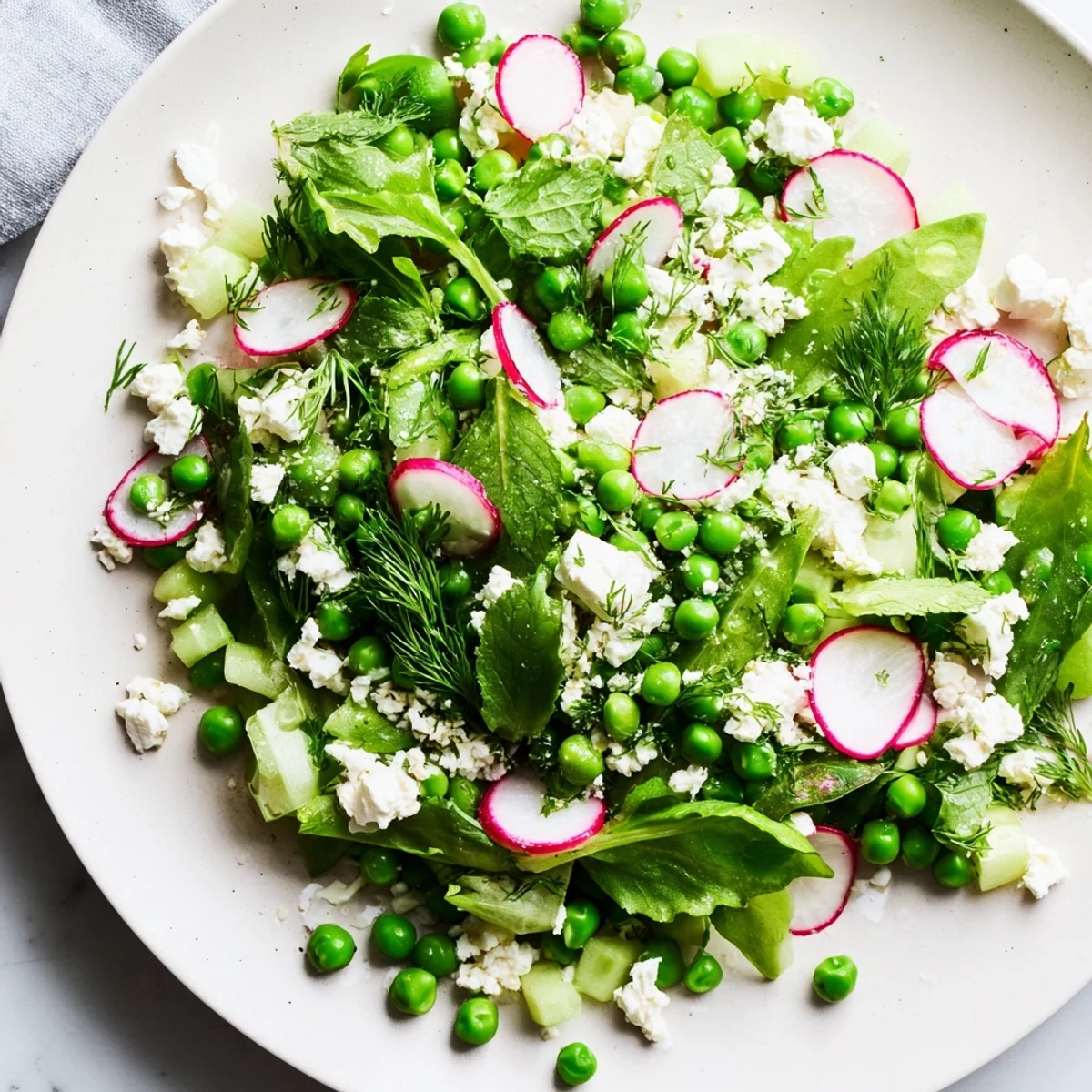 A close-up of Spring Pea Salad with Radishes and Feta tossed in lemon-herb dressing, highlighting juicy peas and fresh mint leaves.