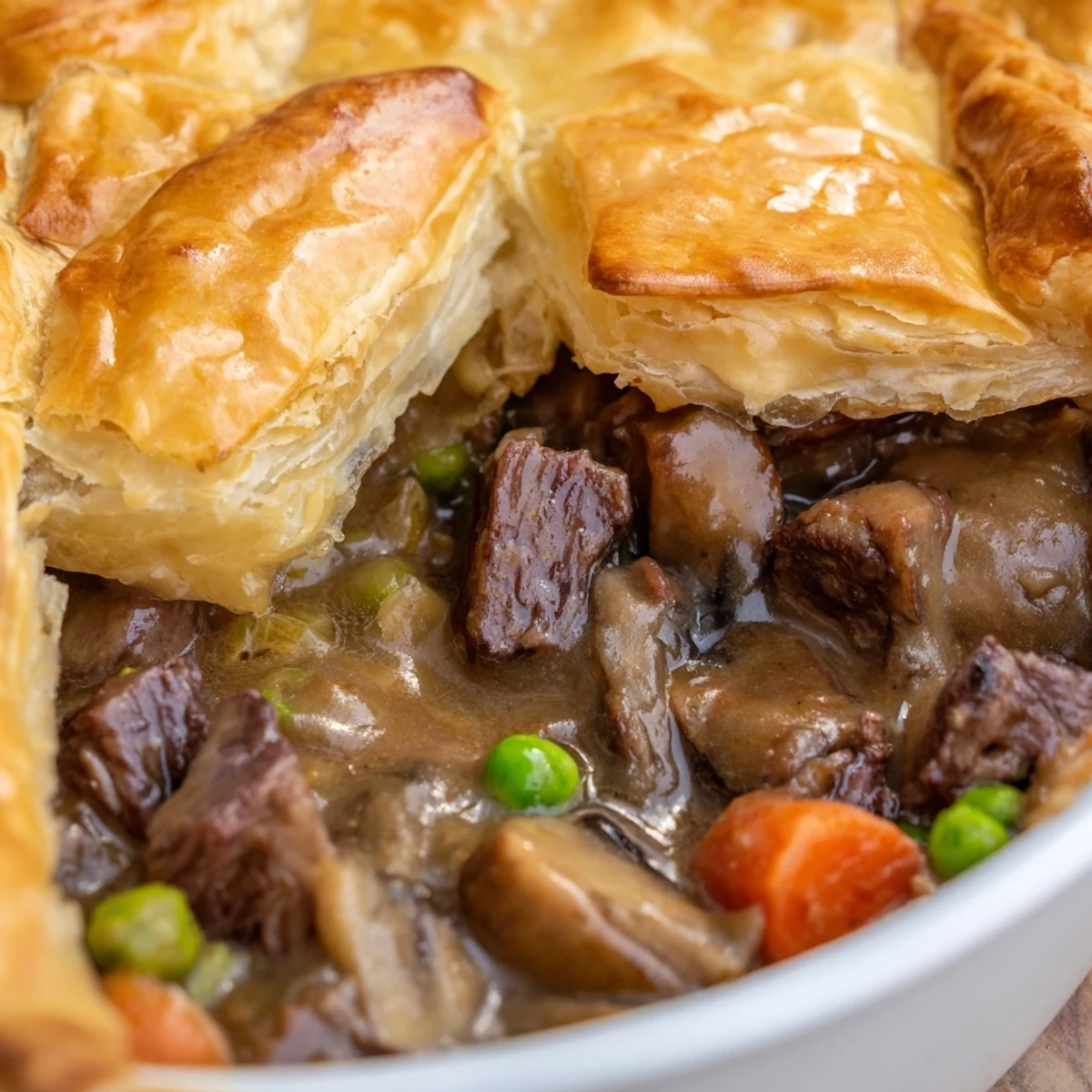 Slice of Beef Pot Pie with Puff Pastry Crust sits on a white plate beside a glass of red wine, perfect for a comforting dinner.