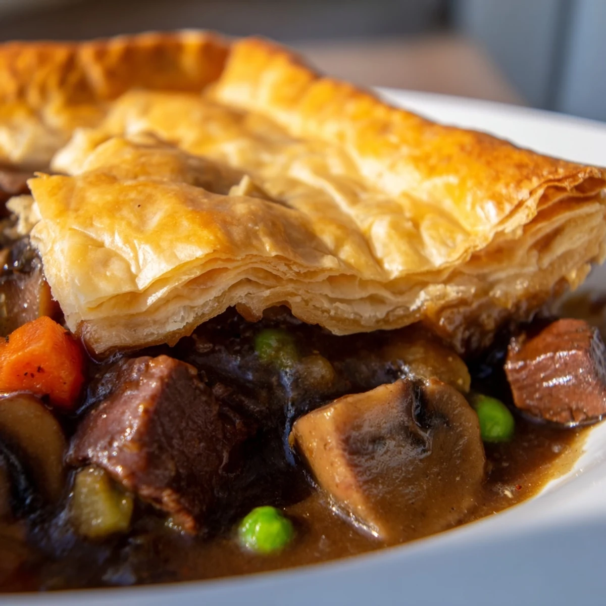 Flaky golden puff pastry tops a steaming Beef Pot Pie with Puff Pastry Crust, revealing tender beef and vegetables in rich gravy inside.
