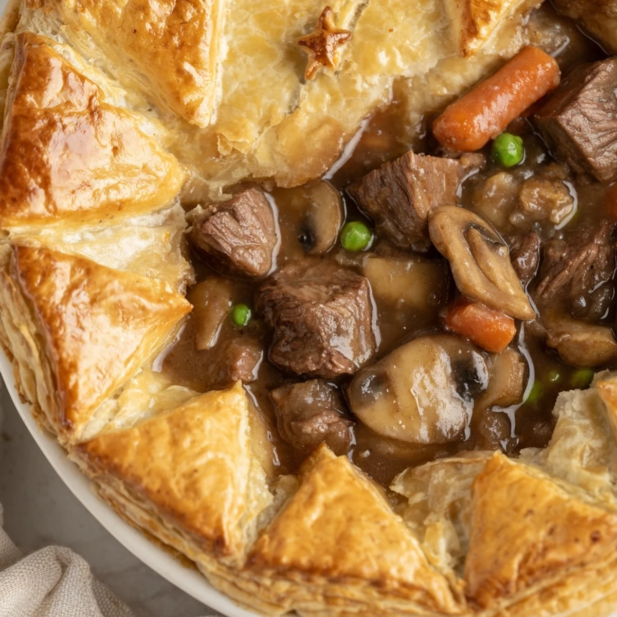 Steam rises from a bubbling Beef Pot Pie with Puff Pastry Crust fresh from the oven, with golden crust and hearty filling visible.