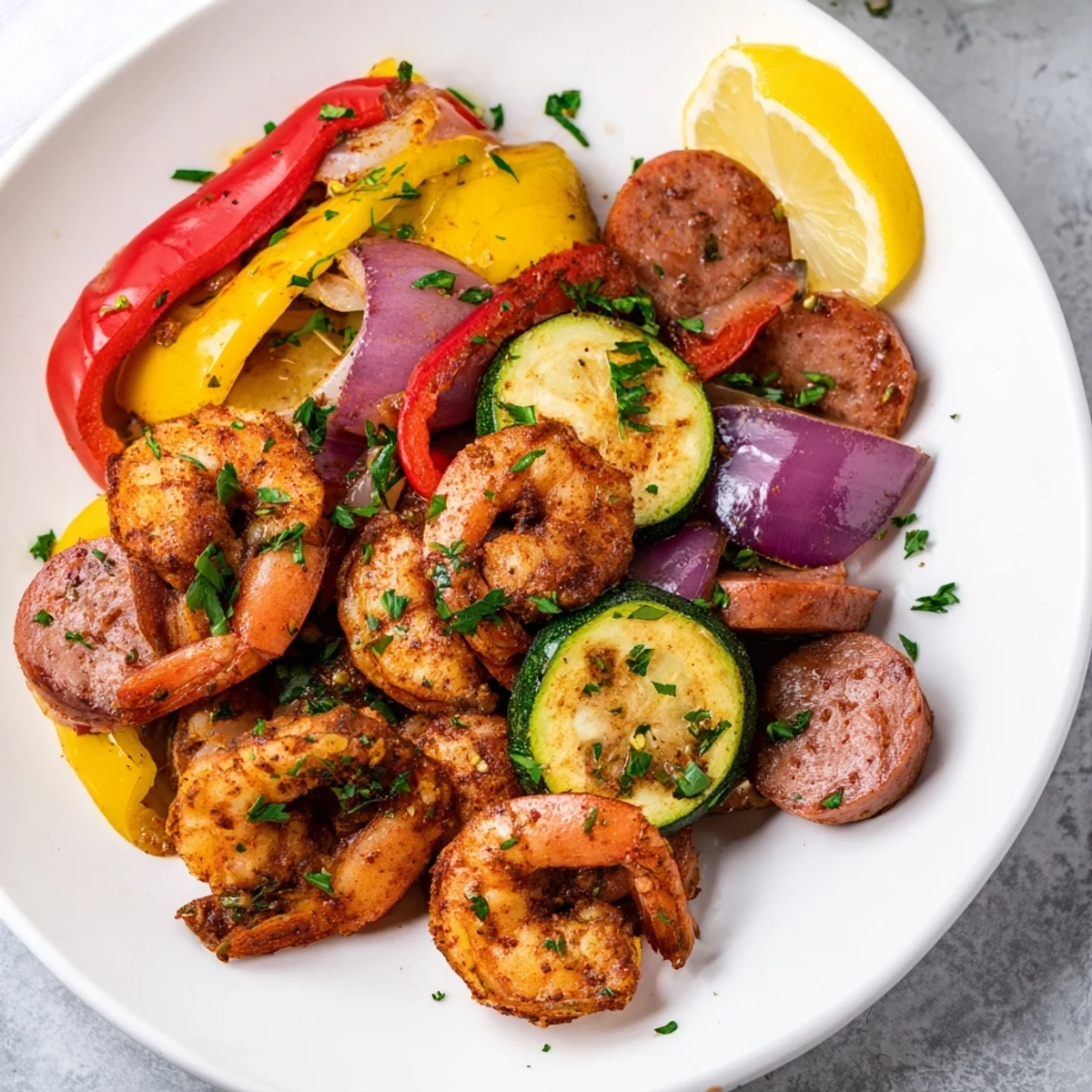 A close-up of the Cajun Shrimp and Sausage Skillet with pink shrimp and browned sausage nestled among colorful bell peppers.