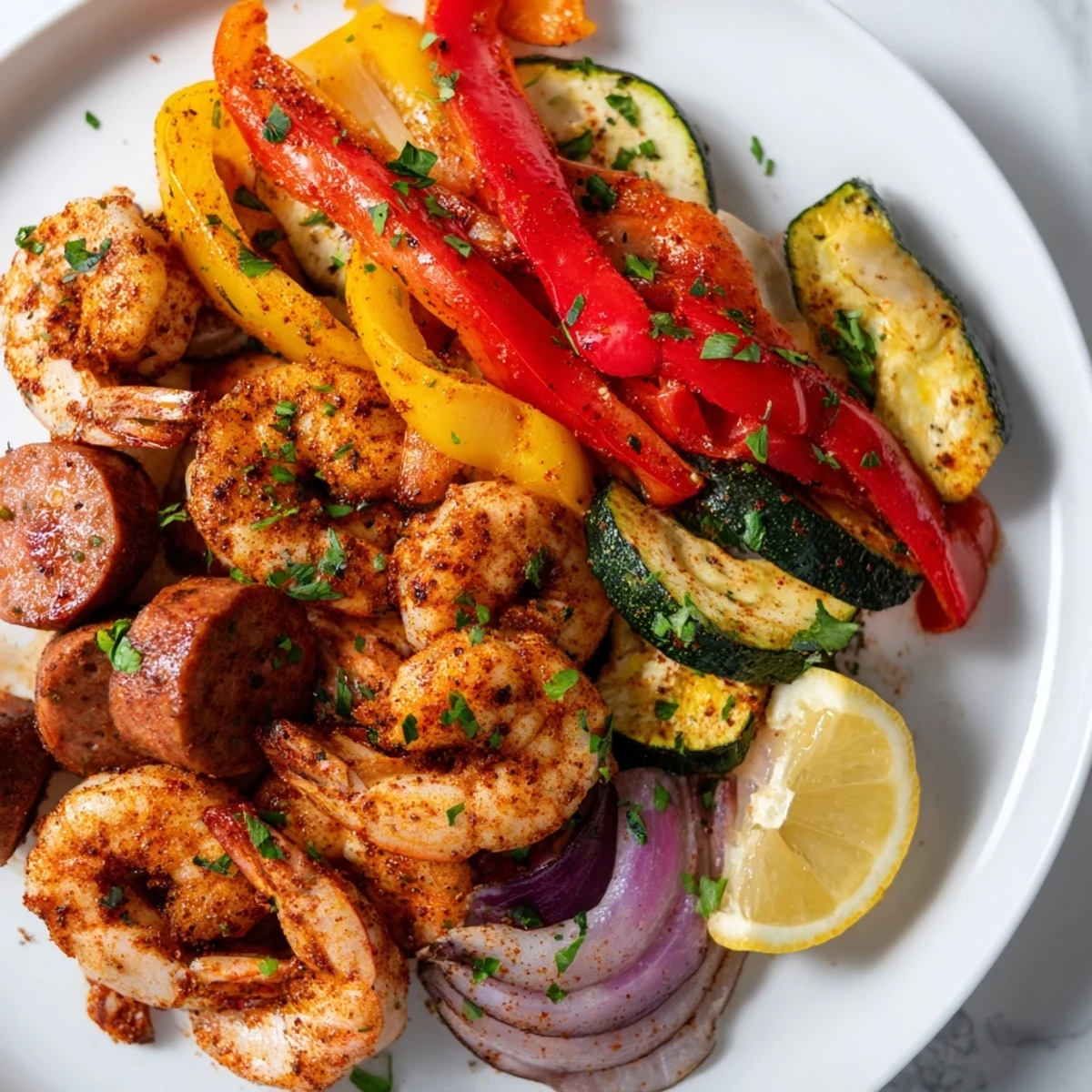 The Cajun Shrimp and Sausage Skillet served steaming hot over white rice with a lemon wedge and fresh parsley garnish.