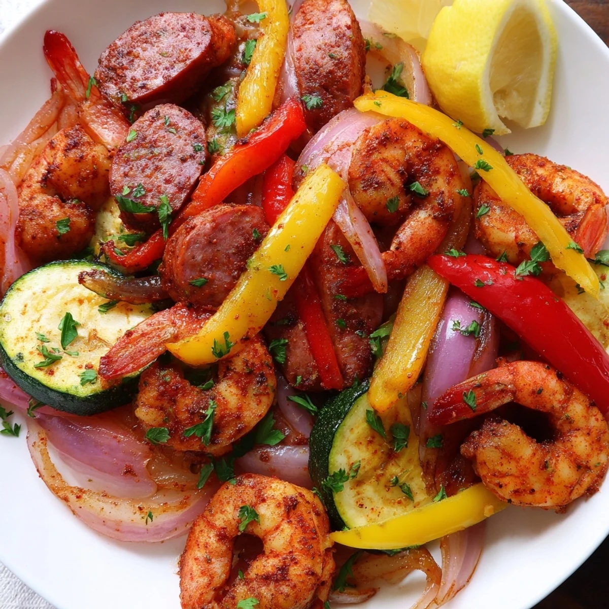 Sizzling shrimp and andouille sausage toss together with zucchini and peppers in the vibrant Cajun Shrimp and Sausage Skillet.