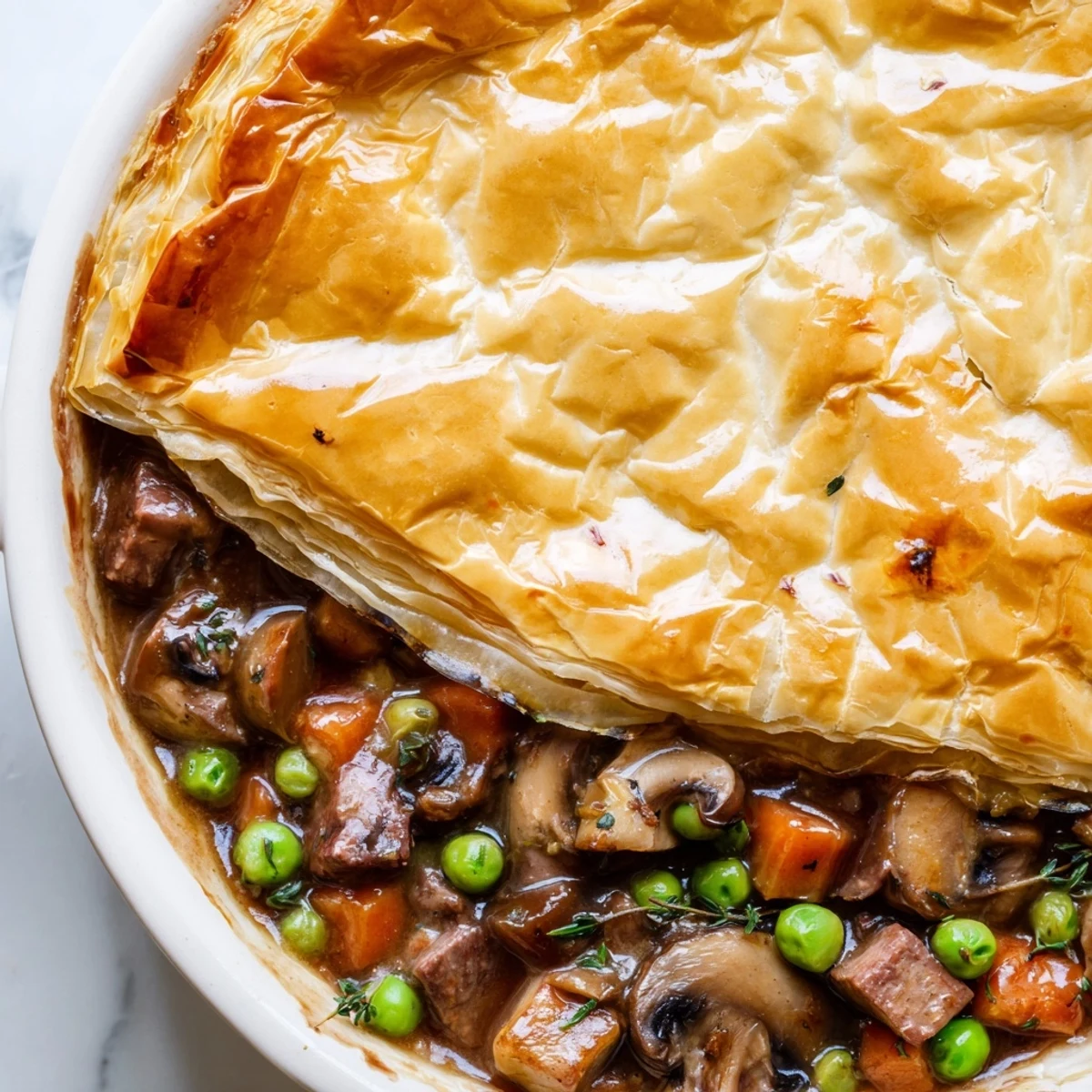 Golden, flaky puff pastry crowns a hearty Beef Pot Pie, filled with tender beef chunks, carrots, peas, and a rich savory sauce bubbling at the edges in a rustic pie dish.