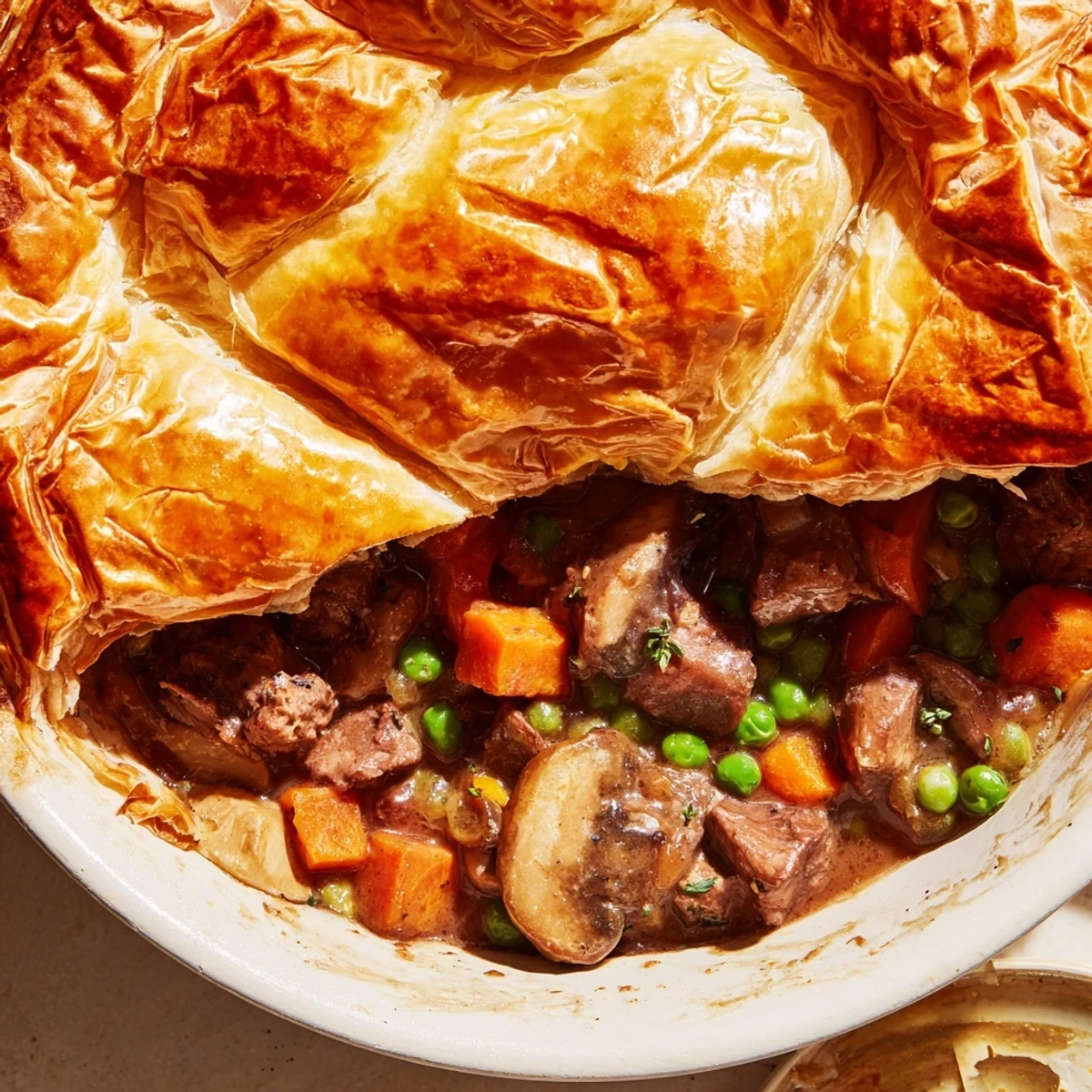 Fresh from the oven, this Beef Pot Pie features a crisp, buttery crust resting atop a warm, comforting filling of beef, mushrooms, and vegetables, perfect for a cozy family dinner.