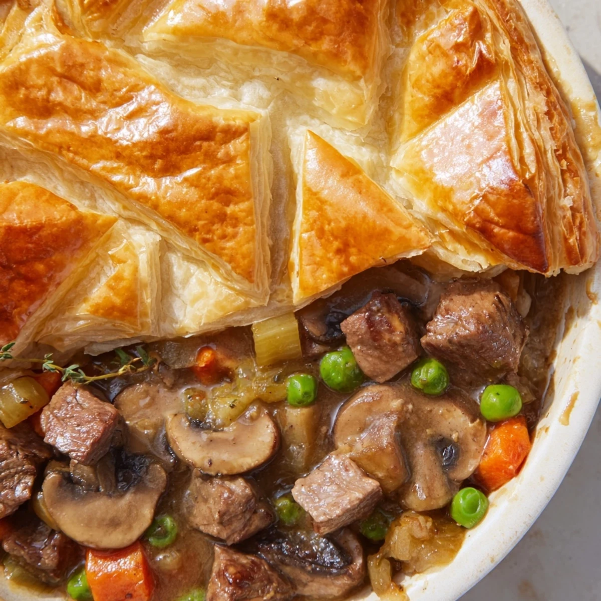 A close-up view of a slice of Beef Pot Pie reveals a steamy, thick gravy with beef and peas, paired with a side salad on a warm kitchen table setting.