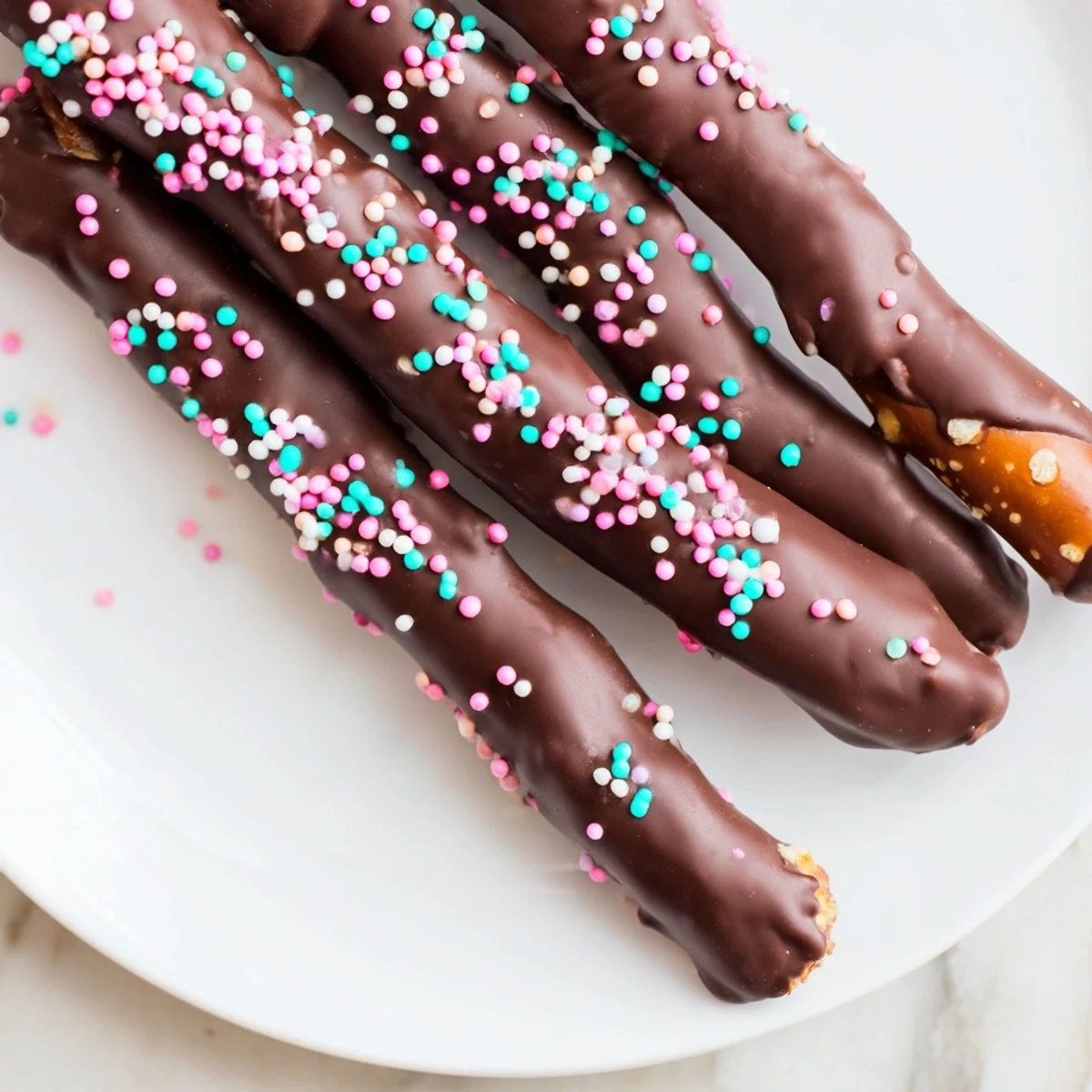 Crunchy pretzel rods dipped in smooth chocolate and sprinkled with pastel sprinkles for a festive snack.