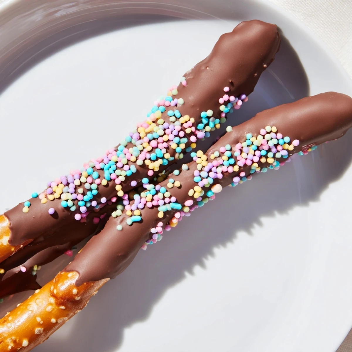 Handheld Chocolate Covered Pretzels with Pastel Sprinkles sit on parchment after being decorated.