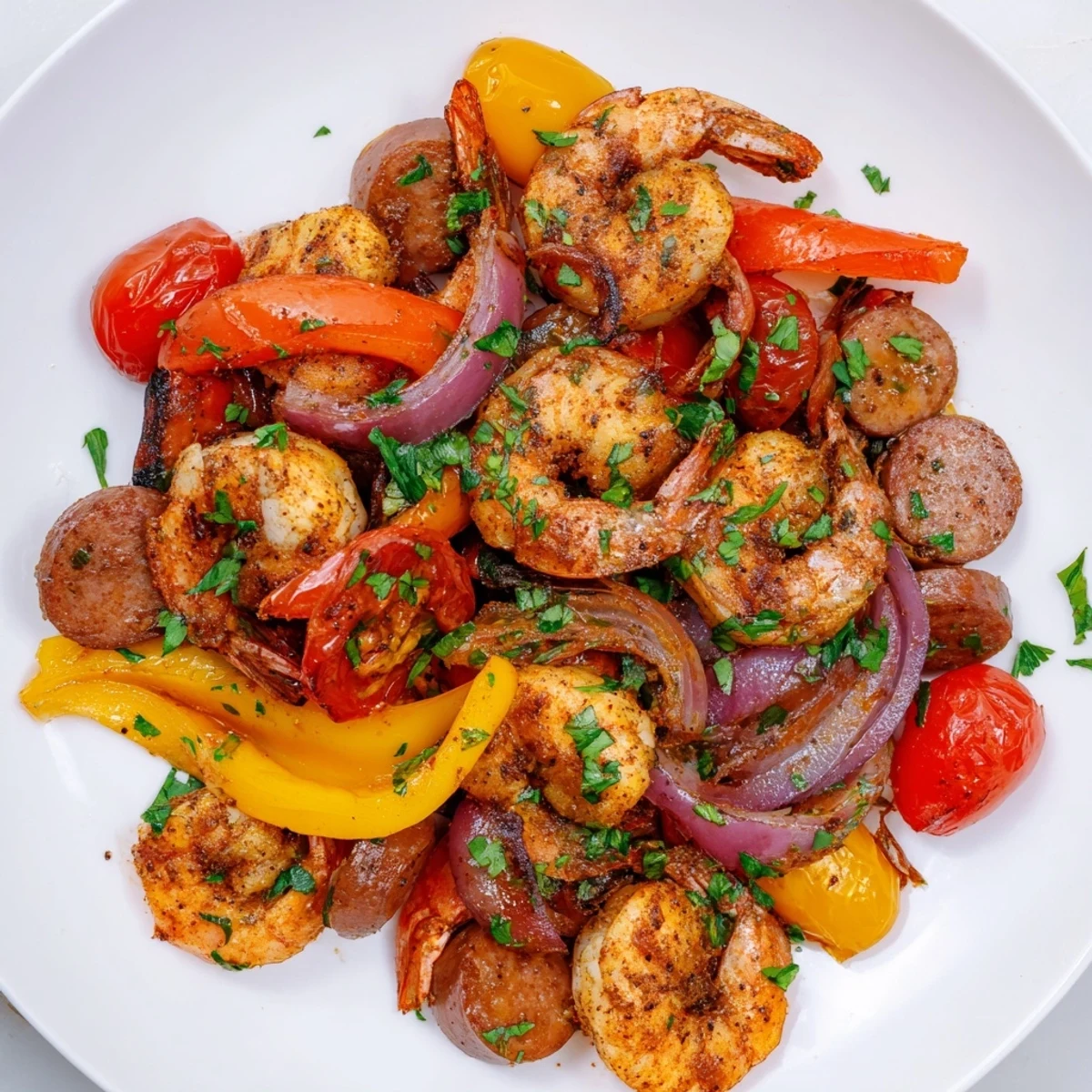 In this Cajun Shrimp and Beef Sausage Skillet, tender seafood meets savory smoked sausage in a steamy, one-pan dinner with vibrant onions and tomatoes.