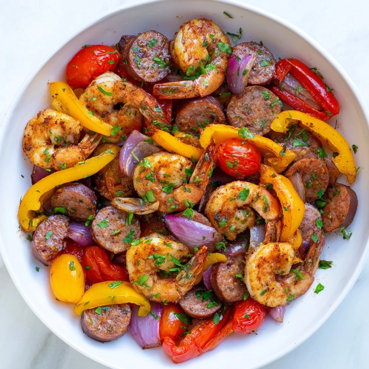 Cajun Shrimp and Beef Sausage Skillet features sizzling pink shrimp and browned sausage rounds tossed with bright bell peppers in a rich, spicy sauce.