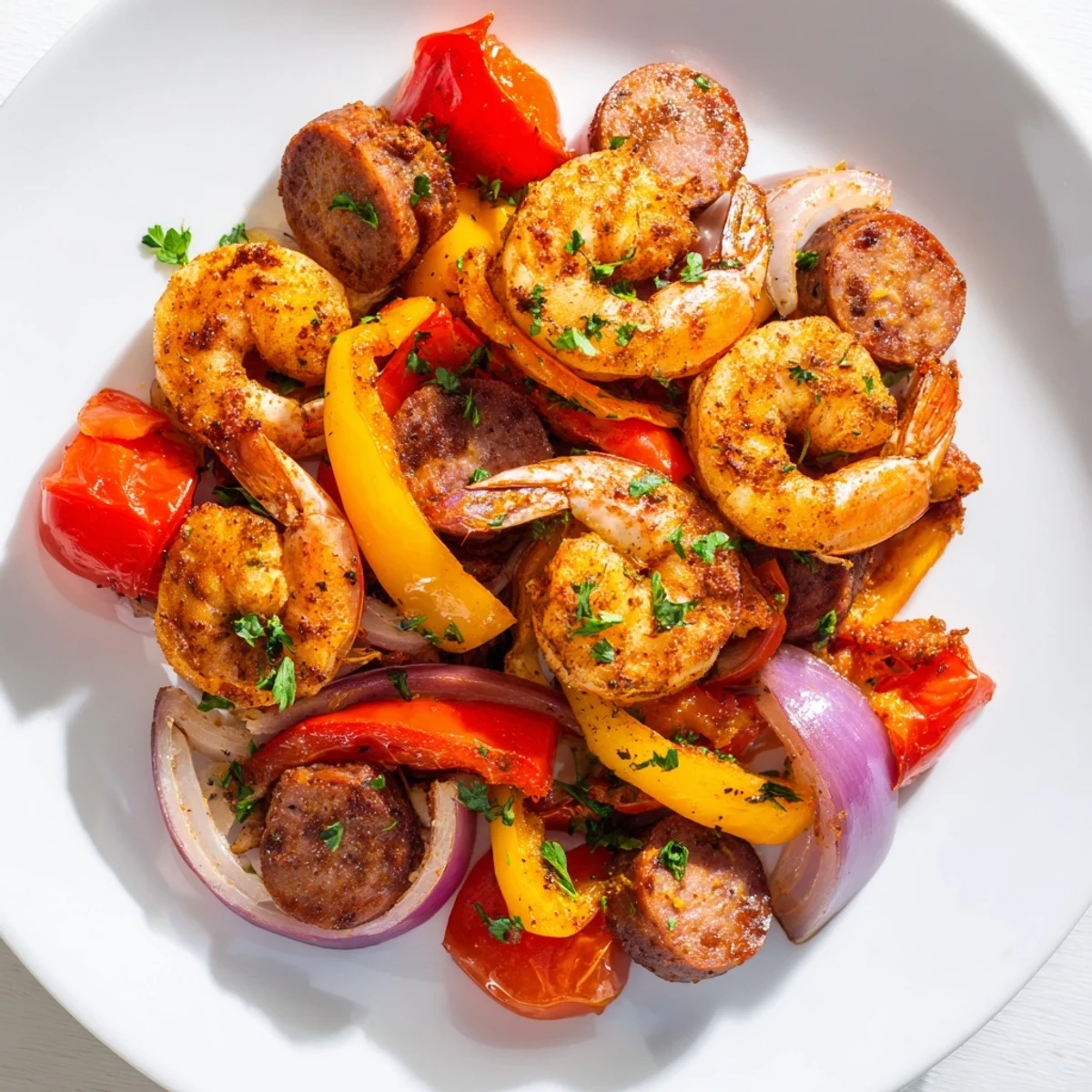 A close view of Cajun Shrimp and Beef Sausage Skillet, garnished with fresh parsley and lemon wedges beside a rustic cast iron pan on a wooden table.