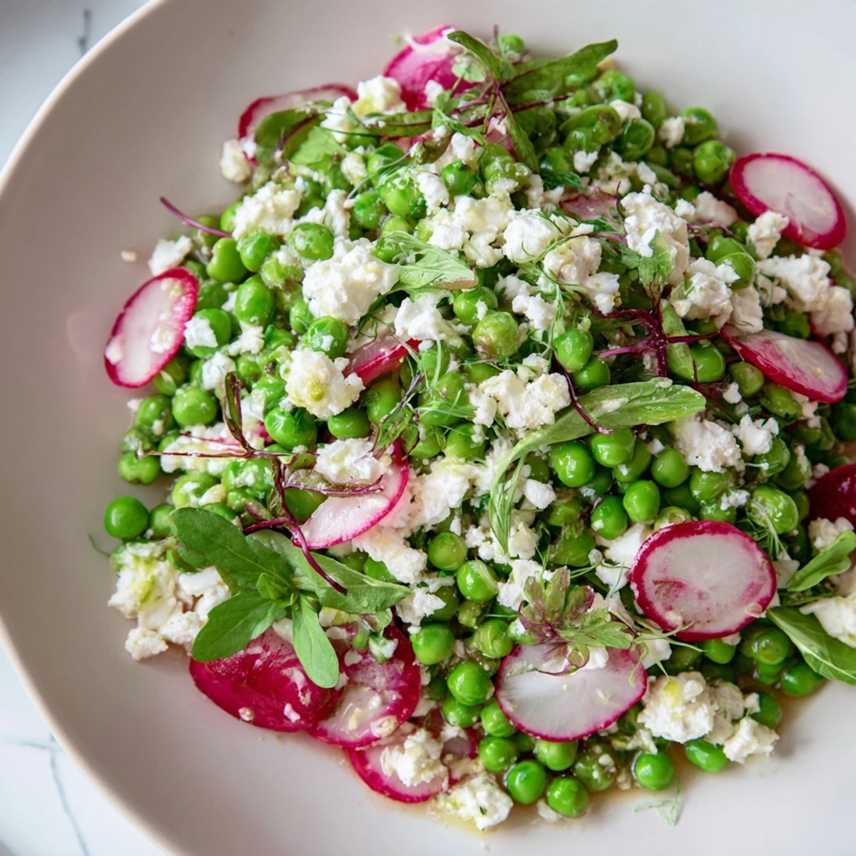 Bright Spring Pea Salad with Radishes and Feta glistens with lemon herb vinaigrette and aromatic fresh mint on leafy greens.