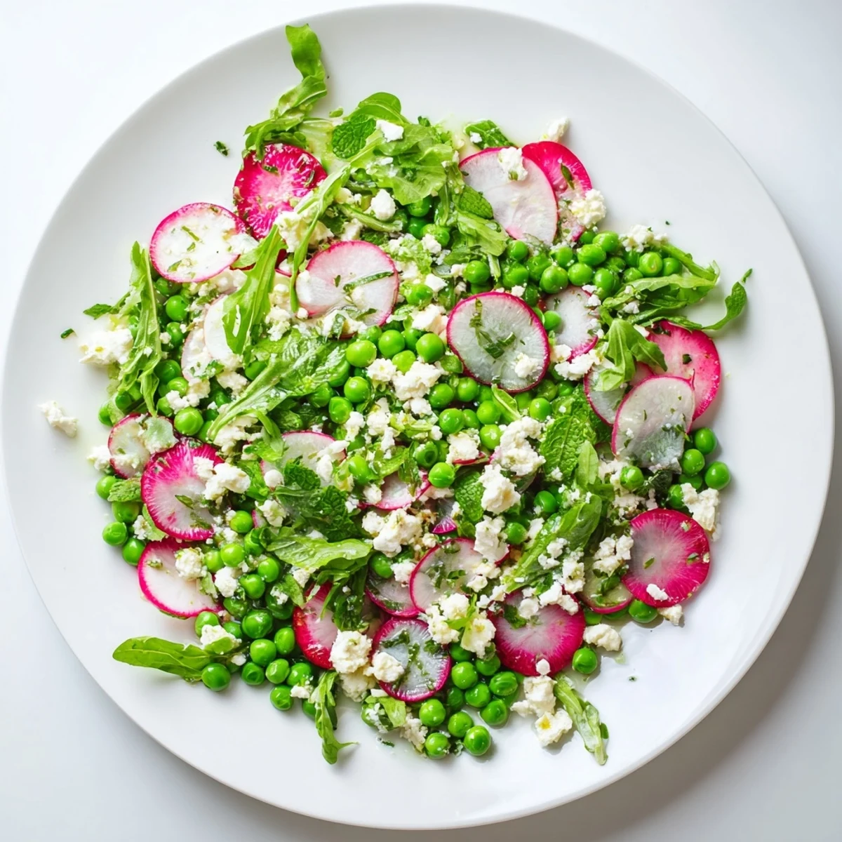 Vibrant Spring Pea Salad with Radishes and Feta showcases fresh green peas and thinly sliced radishes topped with creamy crumbled cheese.