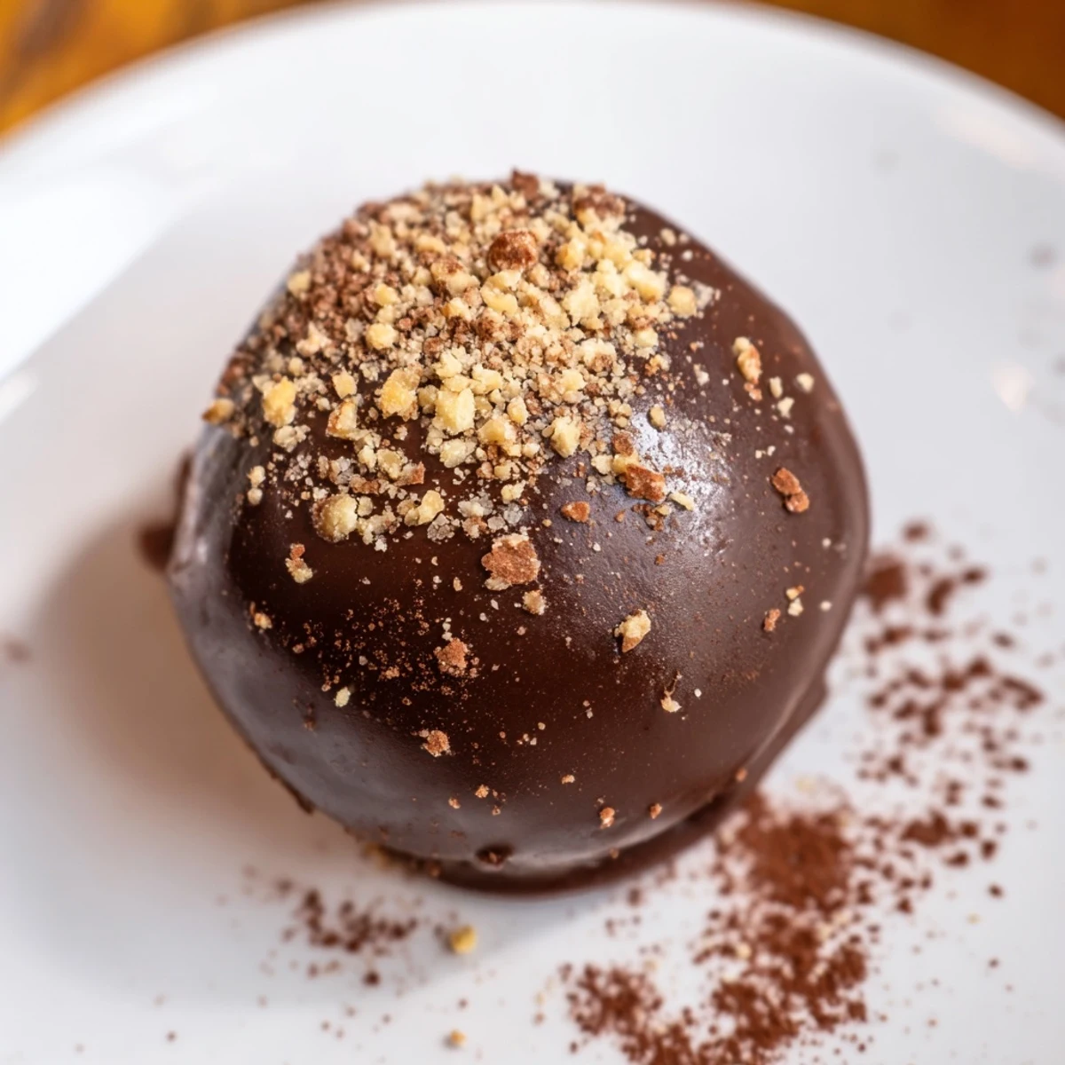 These Irish Cream Truffles with Dark Chocolate are arranged on a white plate, with chopped hazelnuts and chocolate sprinkles nearby.