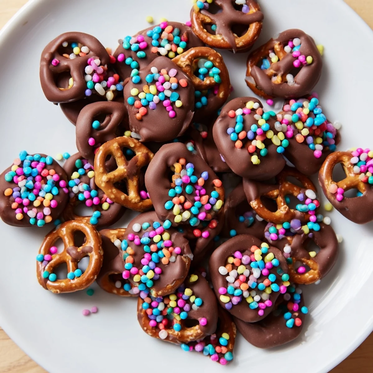 Crispy pretzel twists coated in smooth chocolate and topped with colorful pastel sprinkles on a baking sheet.