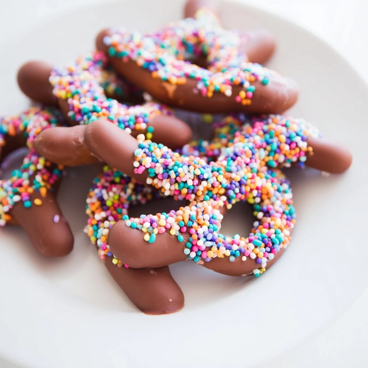 Sweet chocolate covered pretzels with pastel sprinkles arranged neatly for a festive snack display.