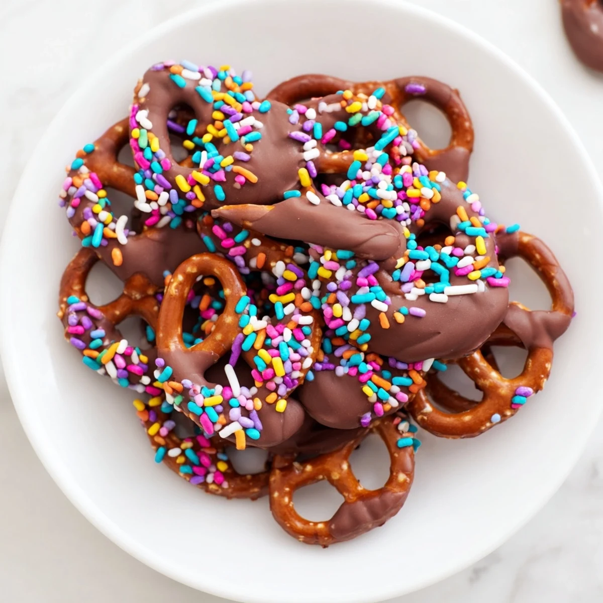A close-up of chocolate covered pretzels with pastel sprinkles, perfect for parties or gifting.