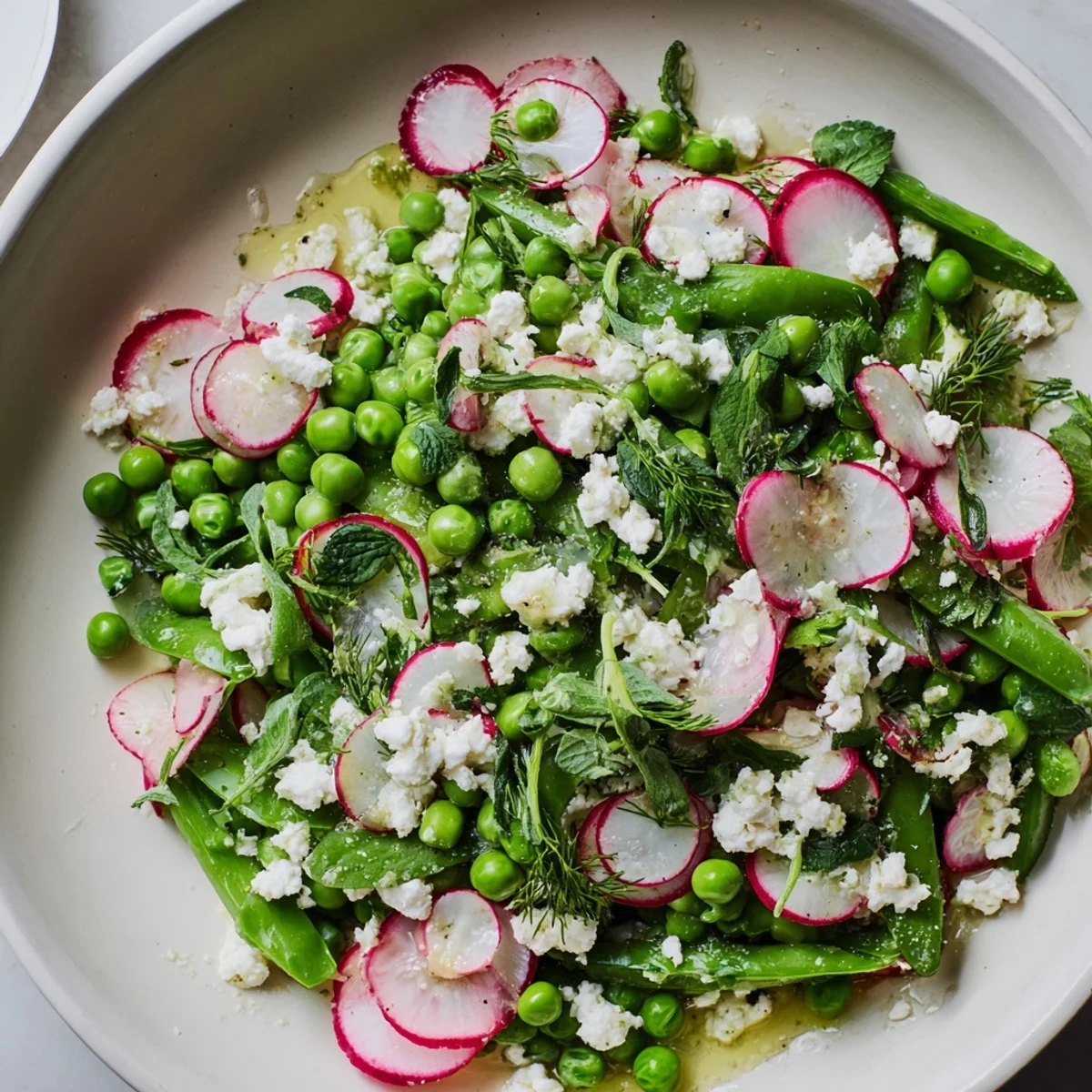 Bright green blanched peas, crisp radish slices, and creamy feta make up this Spring Pea Salad, served on a white plate with fresh herbs.
