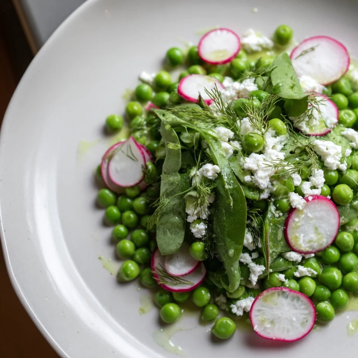 Fresh Spring Pea Salad with Radishes and Feta tossed in lemon-herb dressing, featuring thinly sliced radishes and arugula in a rustic ceramic bowl.