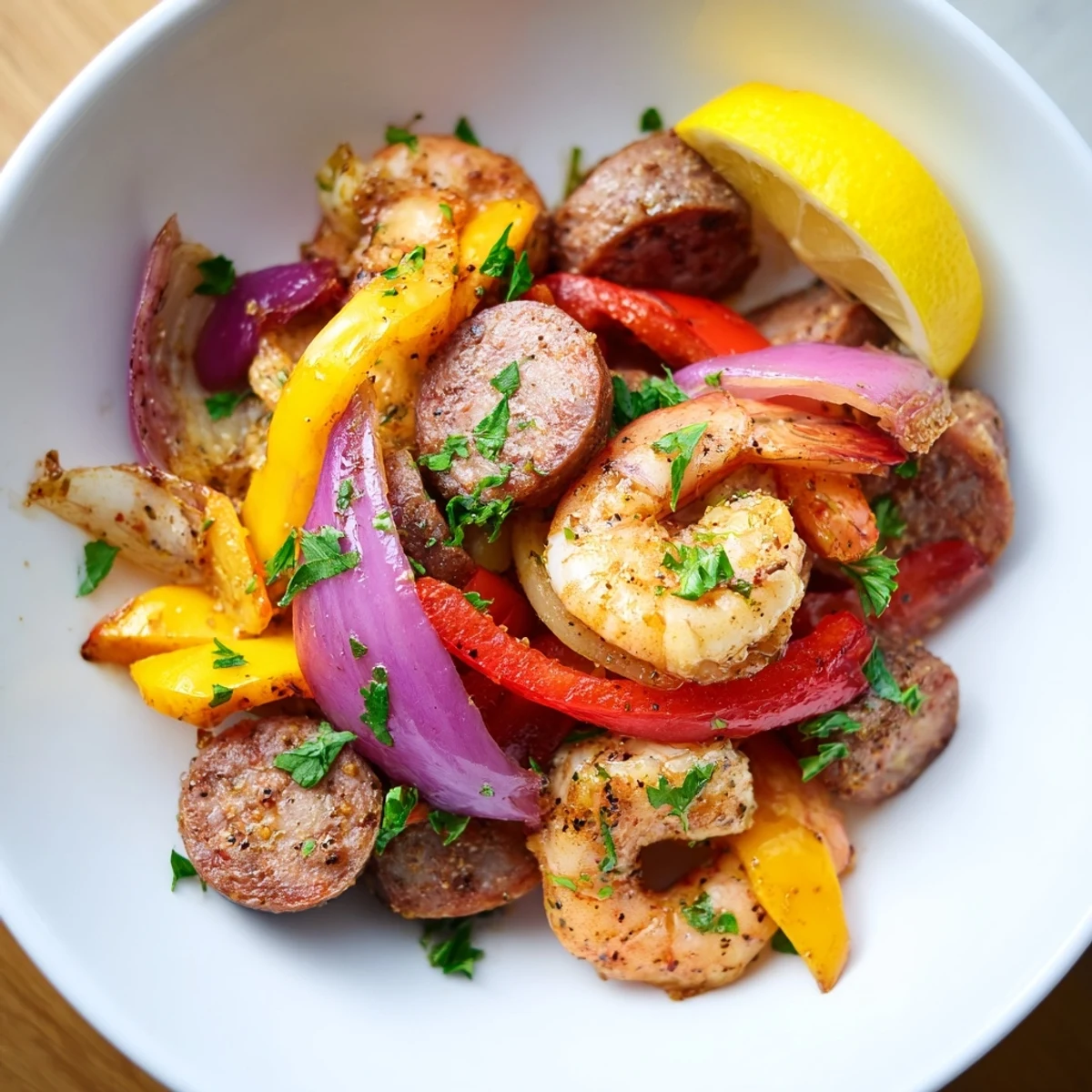 A close-up of the Cajun Shrimp and Beef Sausage Skillet, featuring plump pink shrimp and smoky sausage slices mixed with bright bell peppers.