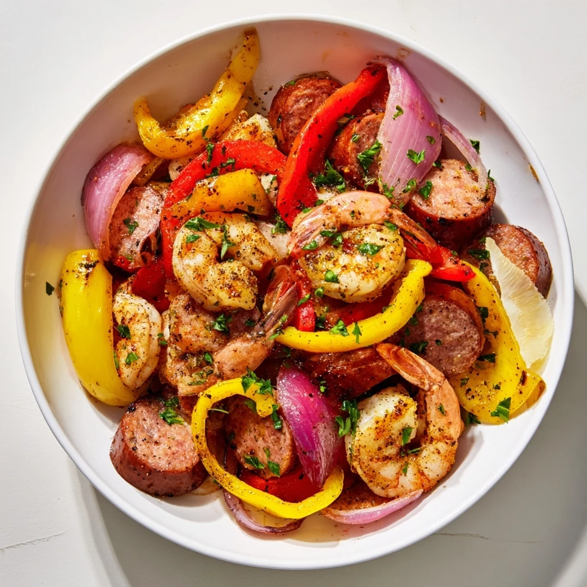 Hearty one-pan Cajun Shrimp and Beef Sausage Skillet with tender vegetables and a zesty spice blend on a rustic wooden table.