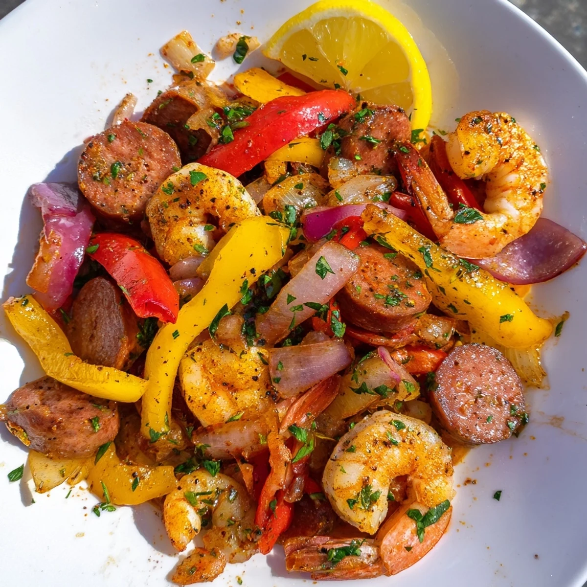 Sizzling Cajun Shrimp and Beef Sausage Skillet served in a cast-iron pan with fresh lemon wedges and parsley garnish ready for dinner.