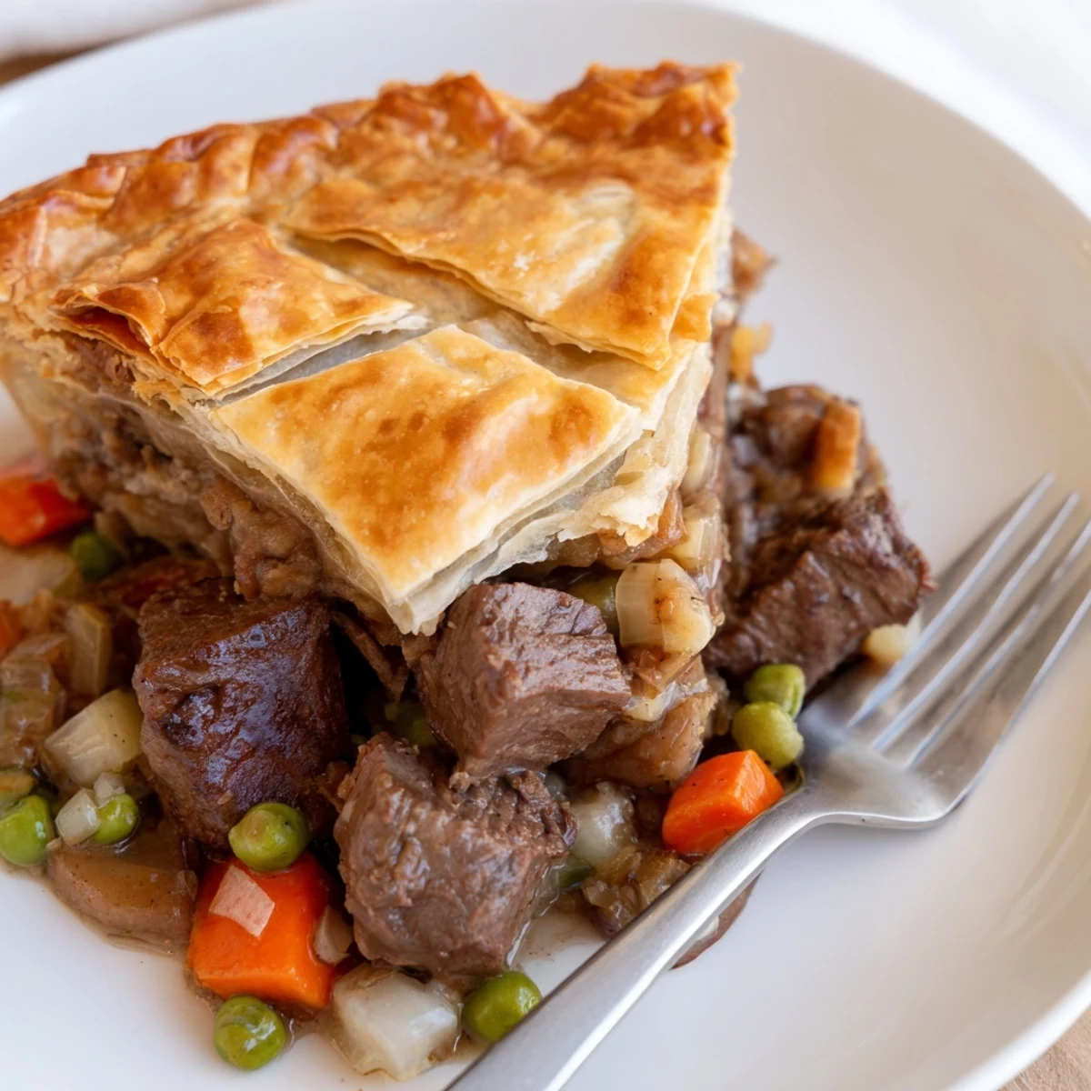 A close-up view of Beef Pot Pie with Puff Pastry Top shows a bubbling filling of beef and vegetables in a golden ceramic dish, ready for a cozy family dinner.