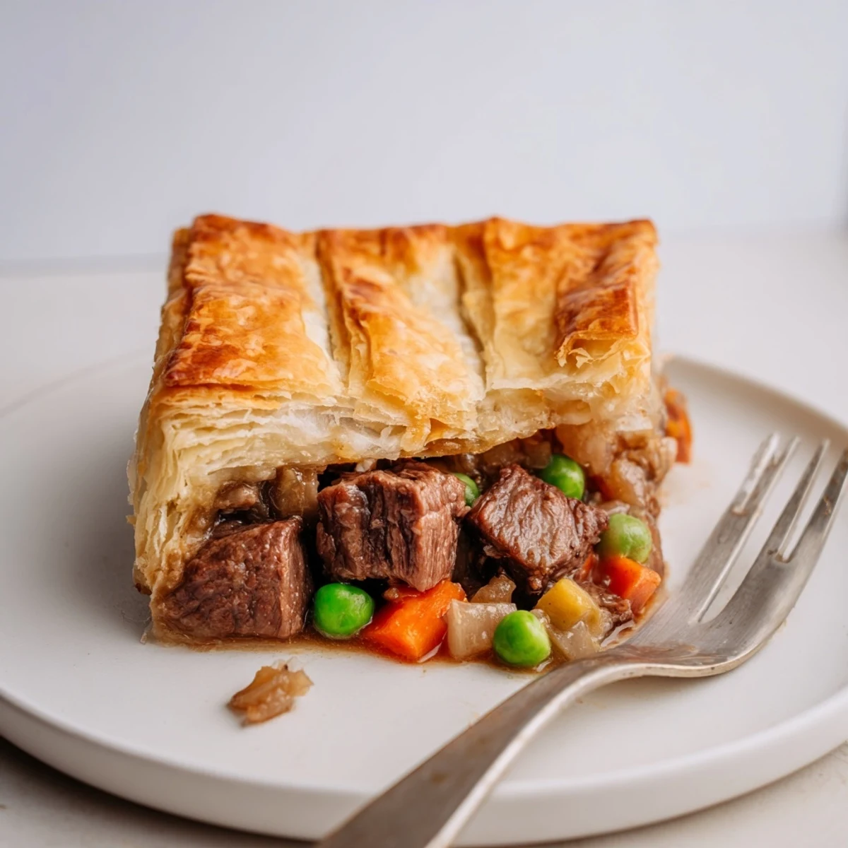 Golden-brown flaky puff pastry tops a steaming Beef Pot Pie with Puff Pastry Top, revealing tender beef chunks and peas in rich gravy inside a rustic dish.