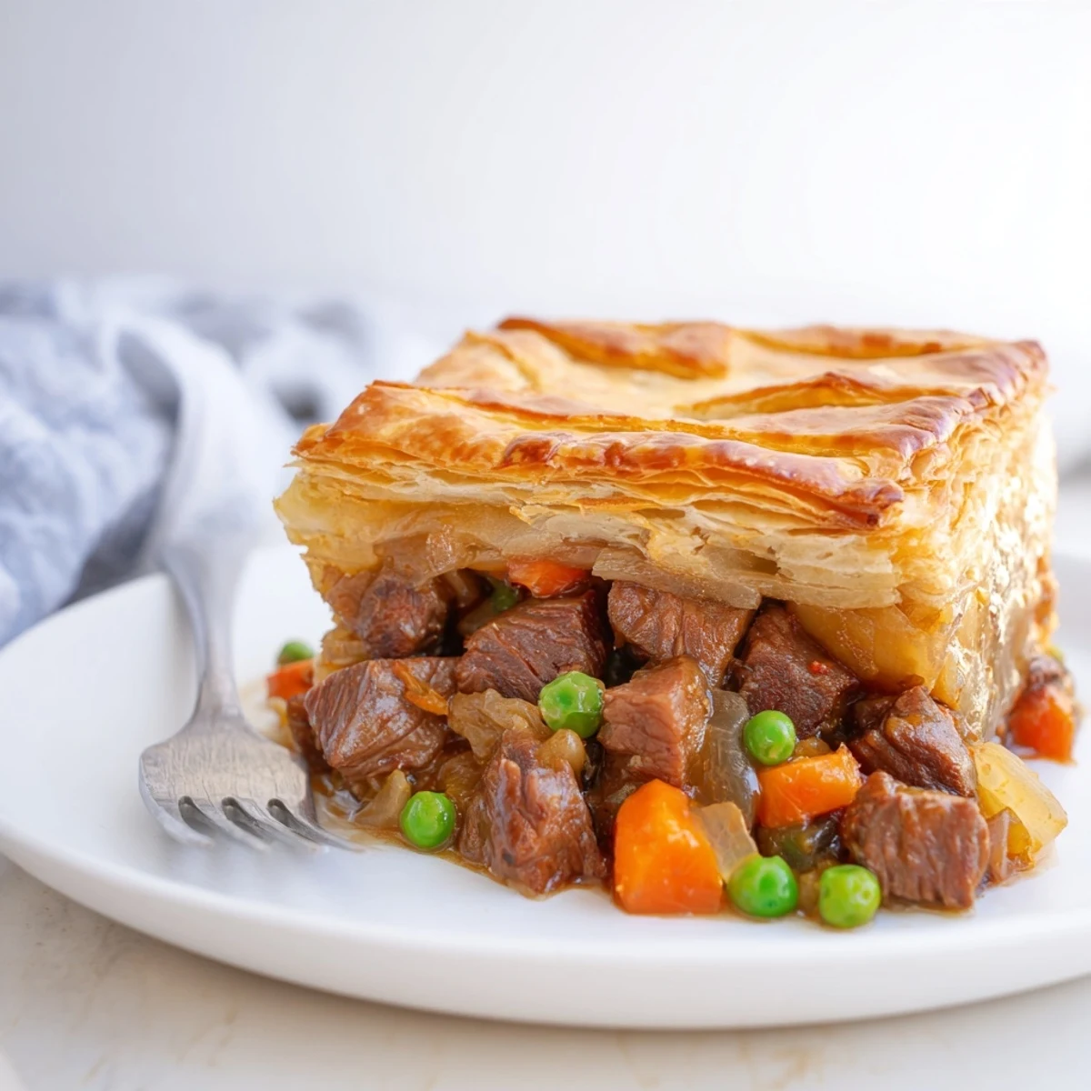 Beef Pot Pie with Puff Pastry Top sits on a wooden table with a slice removed, exposing savory beef and vegetable filling, paired with a green salad for a complete meal.