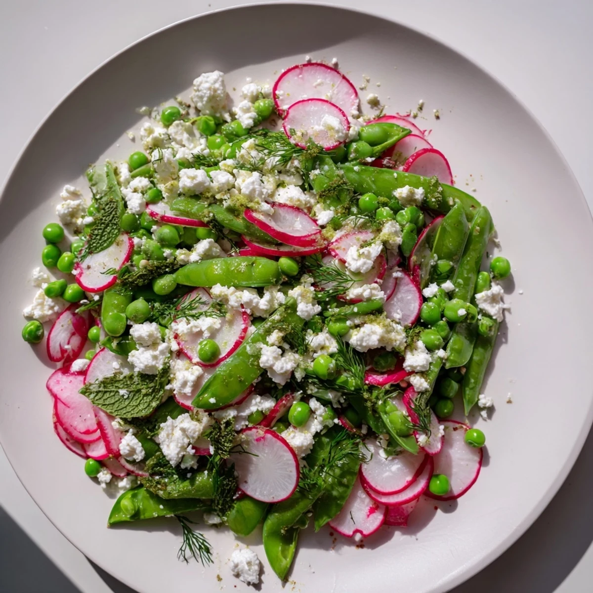 Bright green peas and sliced radishes in Spring Pea Salad with Feta topped with creamy feta and fresh dill.