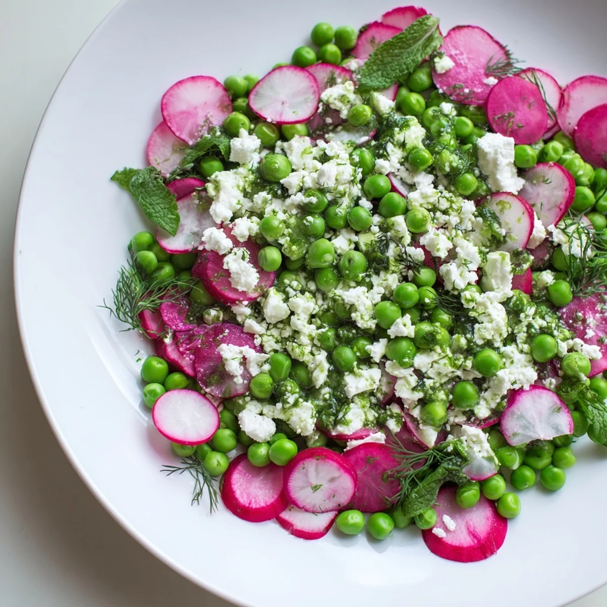 Colorful Spring Pea Salad with Radishes and Feta garnished with mint leaves on a white plate, ready to enjoy.