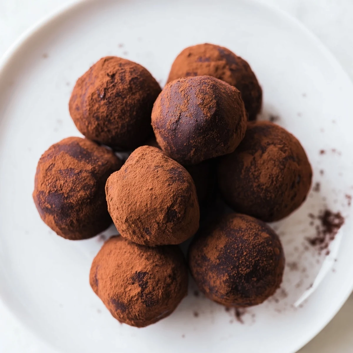 A close-up view of homemade Irish Cream Truffles coated in cocoa powder, set on a rustic wooden board.