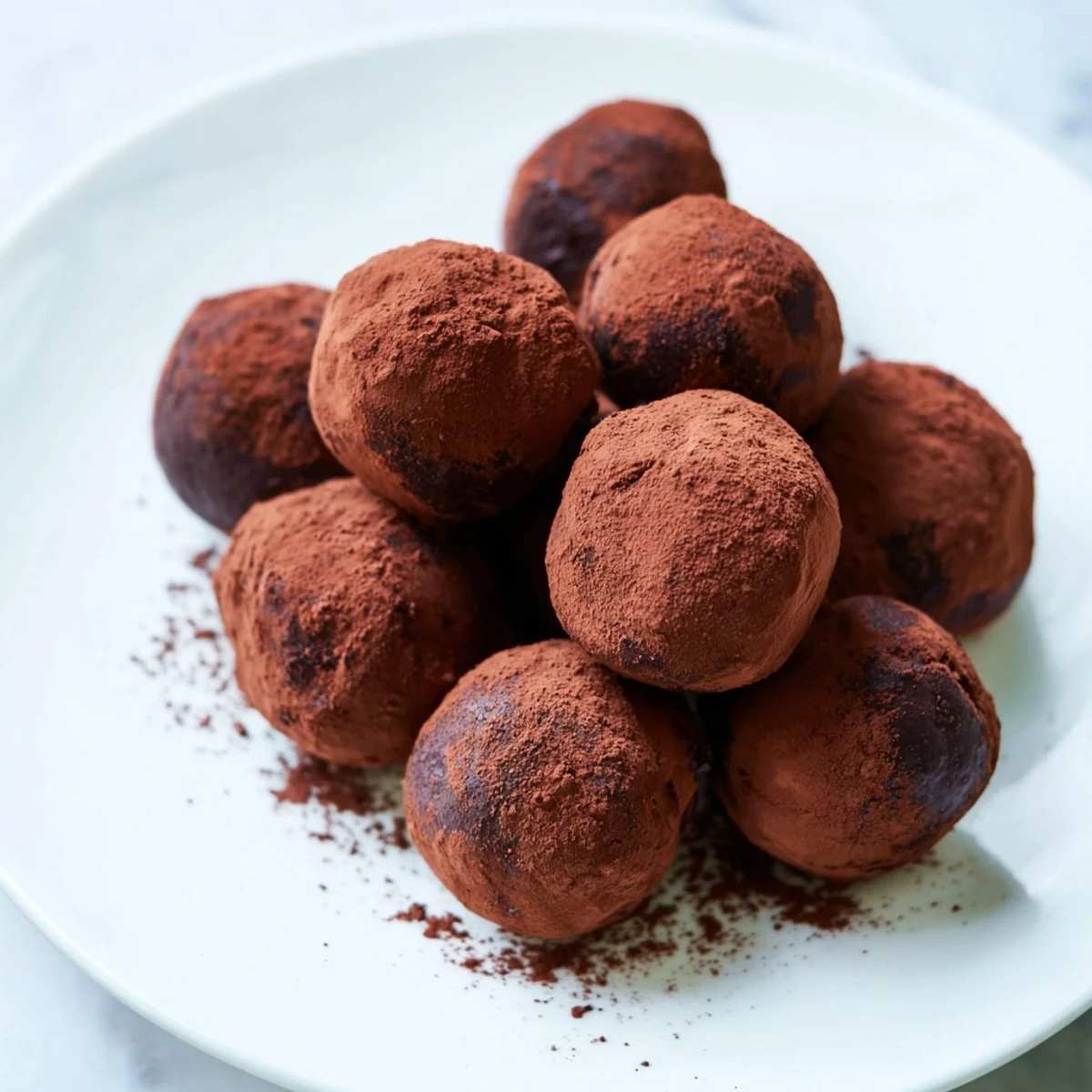 These smooth chocolate Irish Cream Truffles are arranged on a white plate next to a glass of milk for serving.
